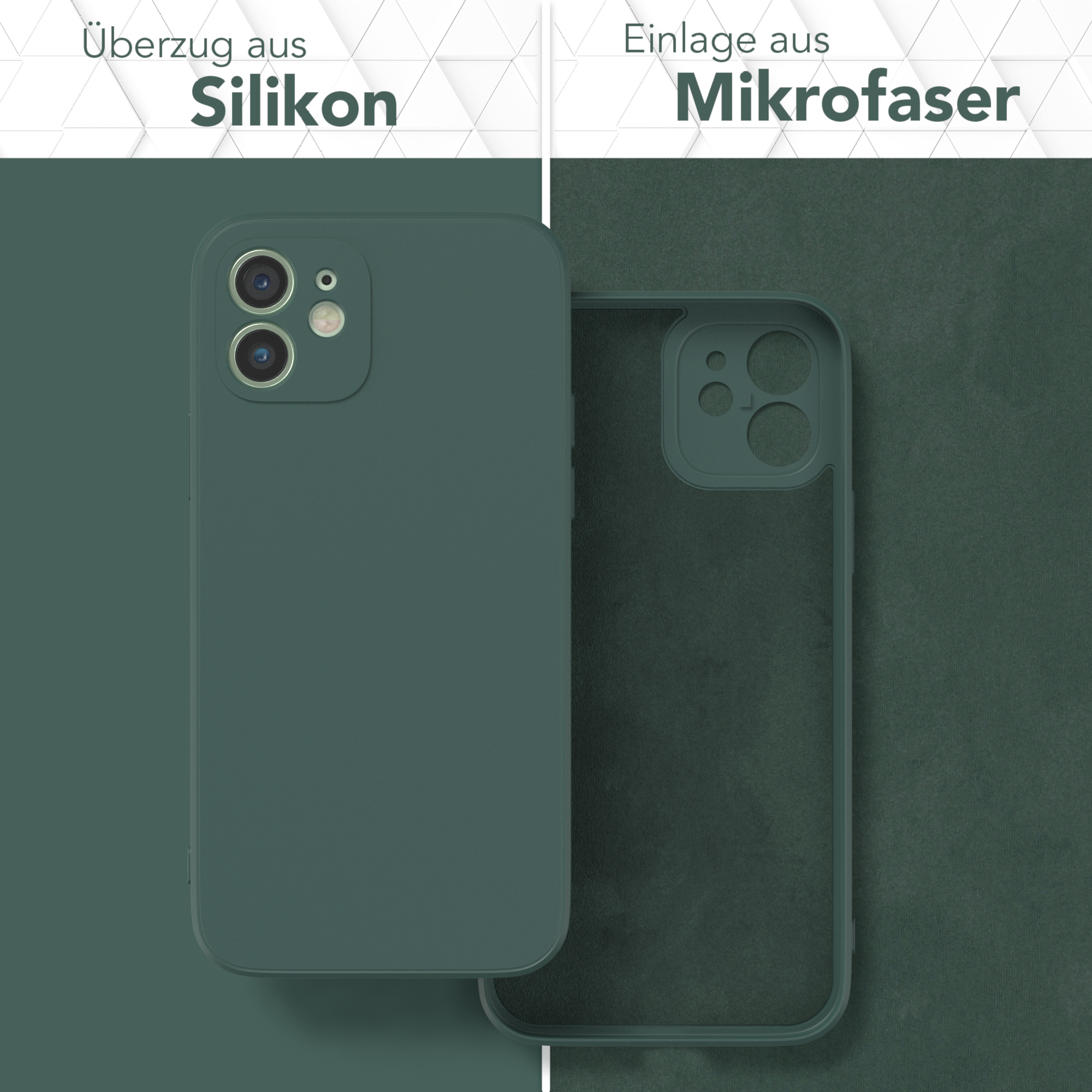 Grüne Handyhülle mit Silikonoberfläche und Mikrofaser-Innenraum, nebeneinander.