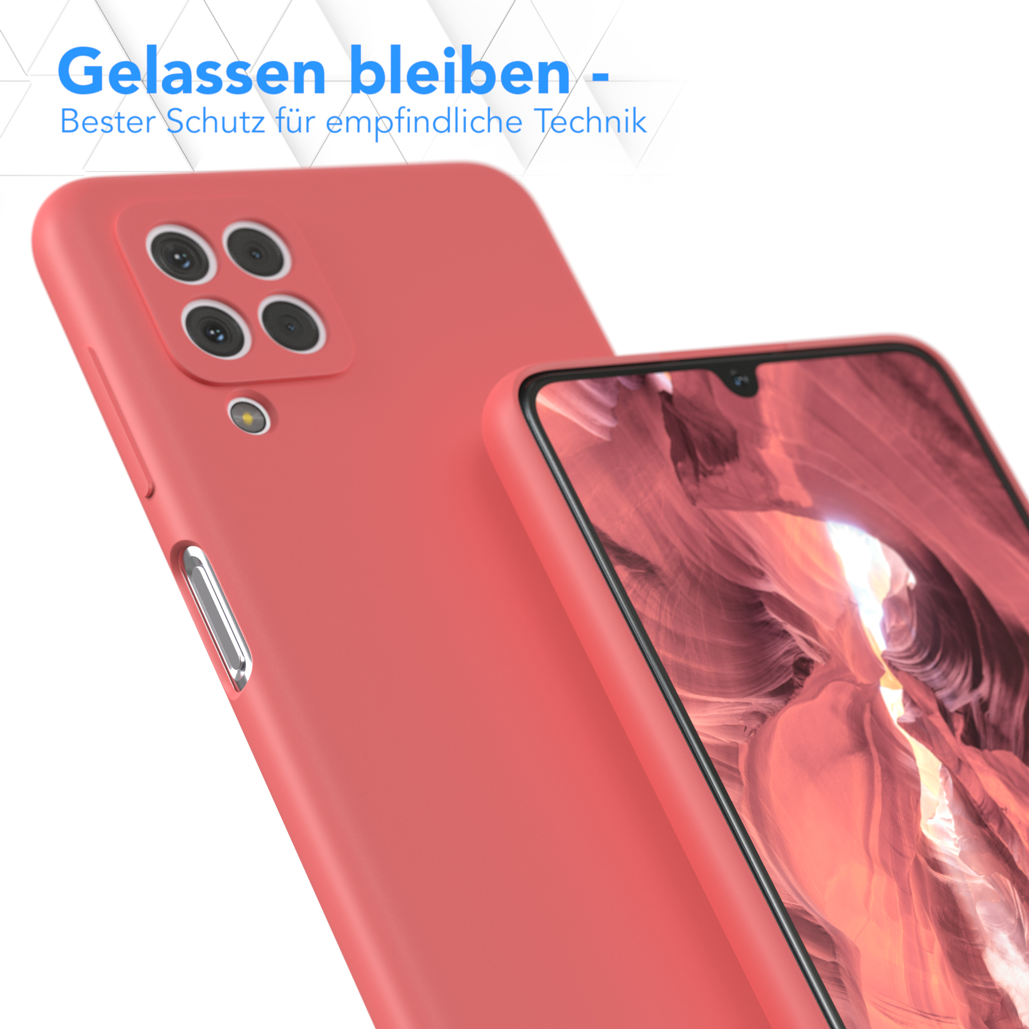 Zwei korallenfarbene Handyhüllen. Eine auf dem Telefon, die andere leer.