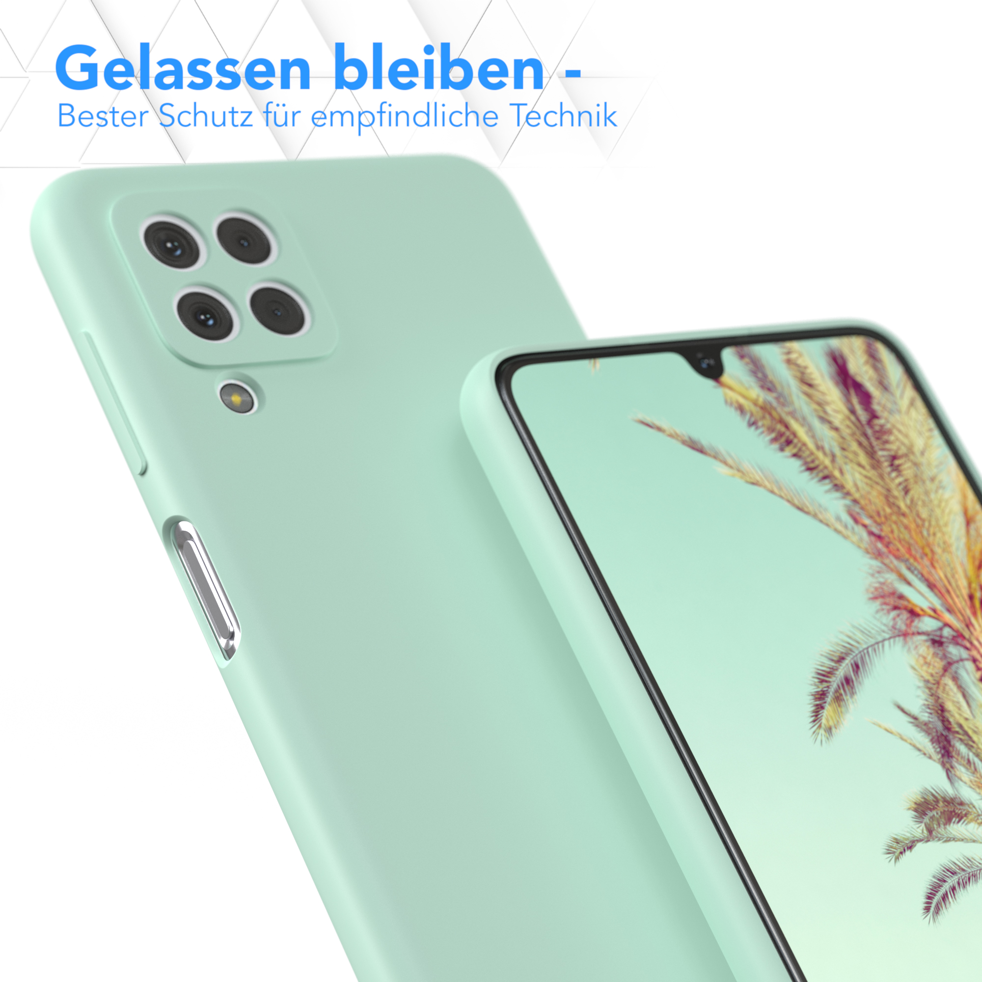 Türkisfarbene Handyhülle, Nahaufnahme. Die Hülle liegt auf einem Telefon, neben einer anderen Hülle.