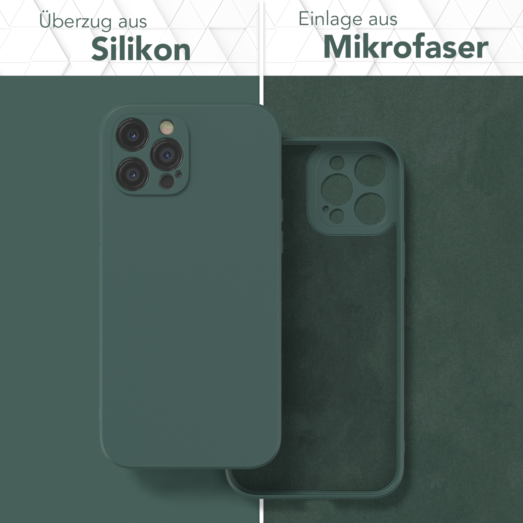 Grüne Handyhülle mit Silikonbeschichtung und Mikrofaser-Innenraum vor grünem Hintergrund.