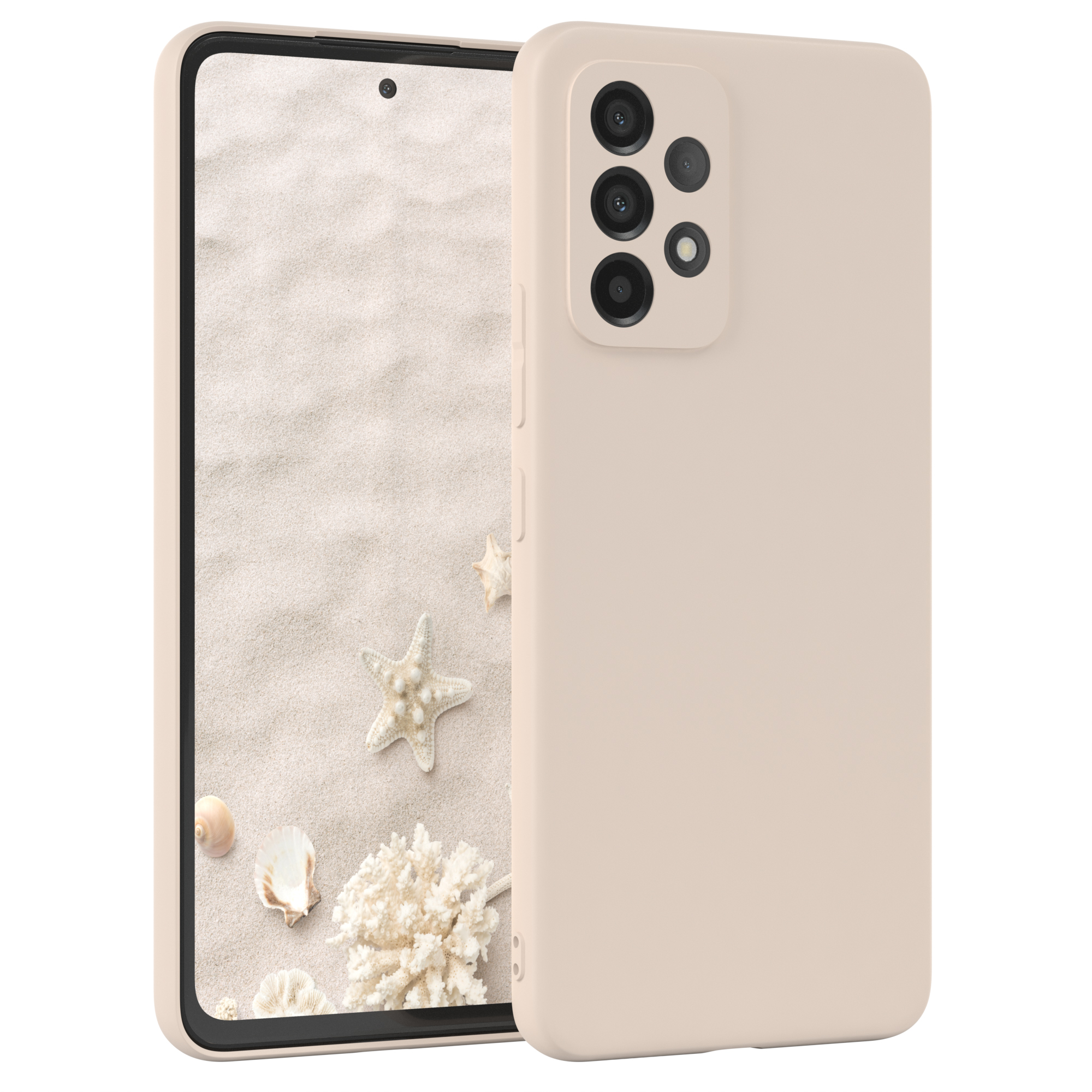 Beige Handyhülle mit Telefon, das eine Strandszene und Seesterne zeigt.