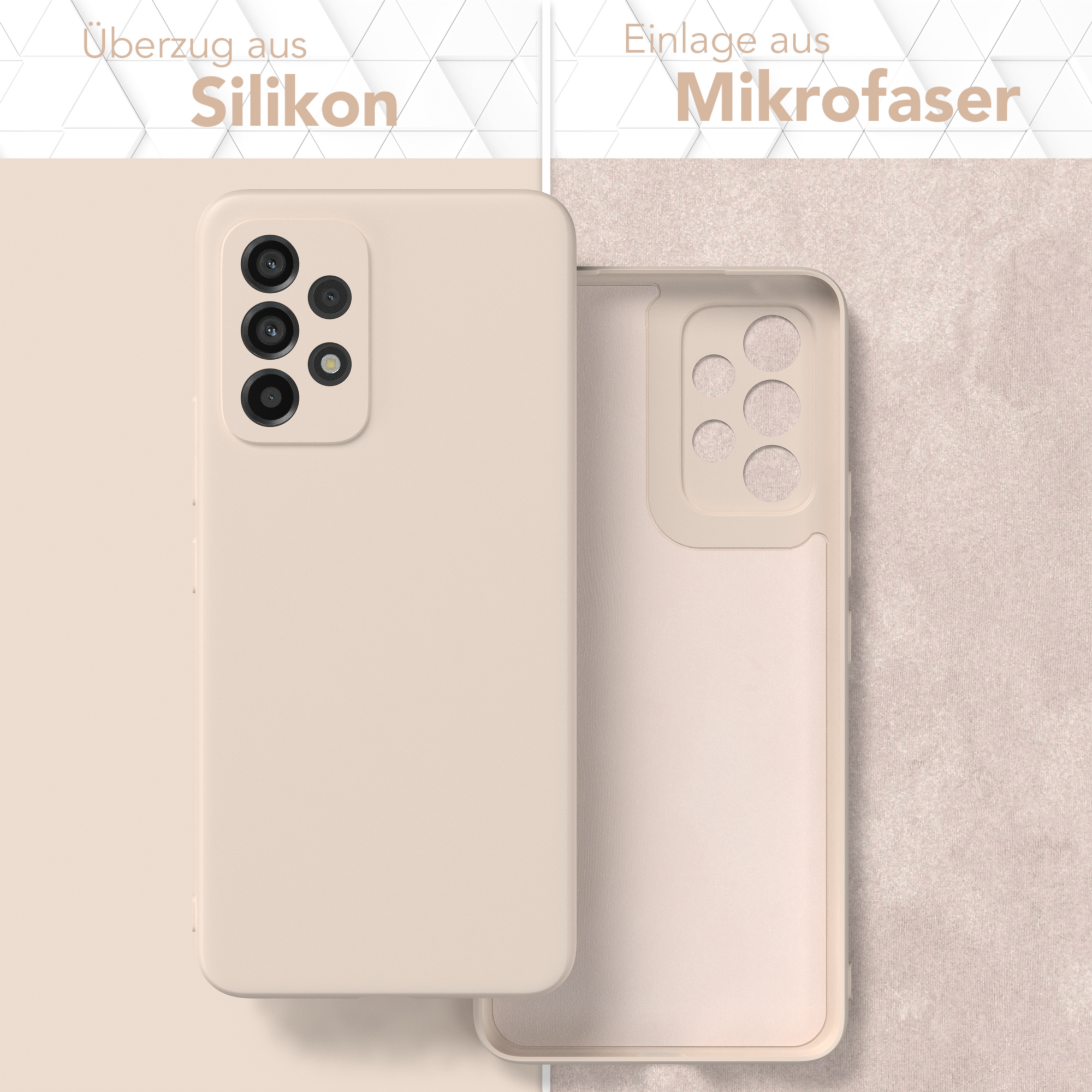 Handyhülle-Set. Eine Seite beige, die andere hellbeige. Oben steht Silikon und Mikrofaser.