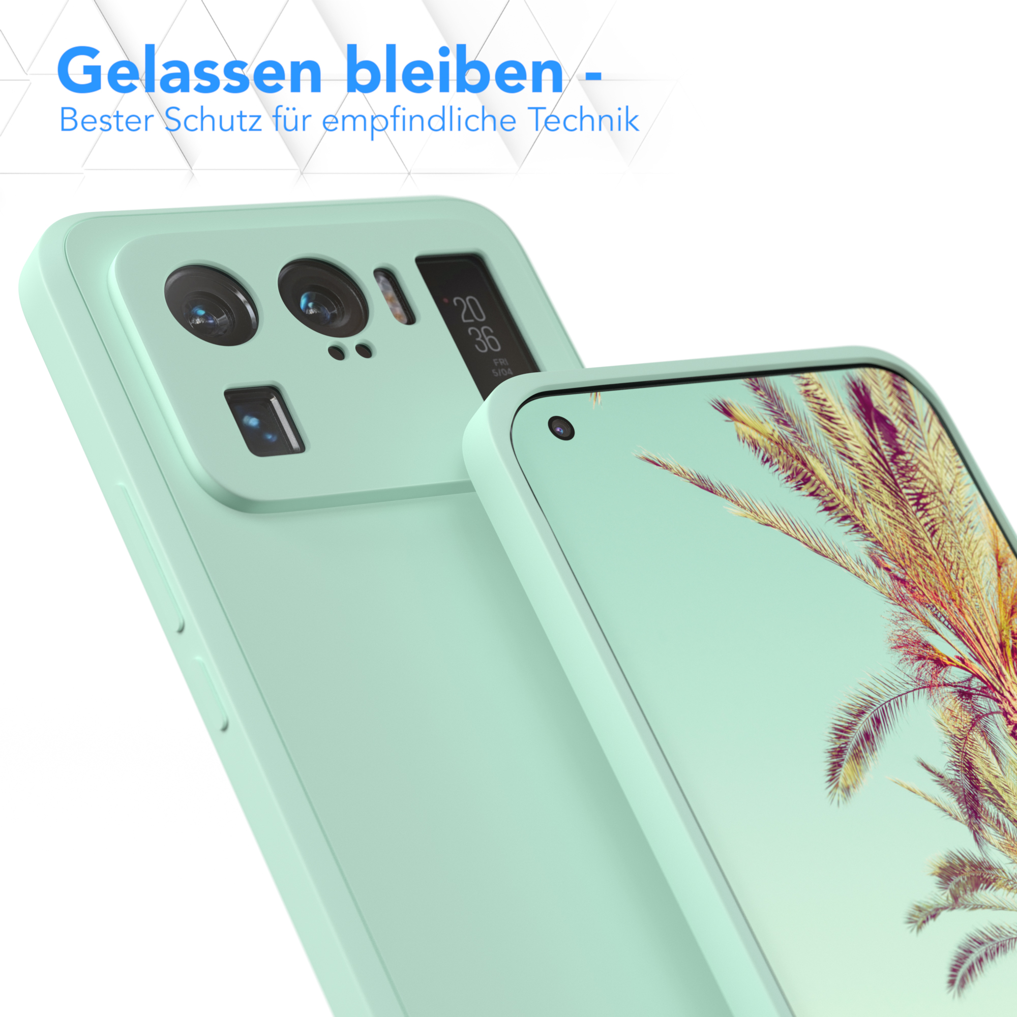 Eine Handyhülle schützt ein Telefon mit Palmen-Tapete. Der Text erwähnt Schutz.
