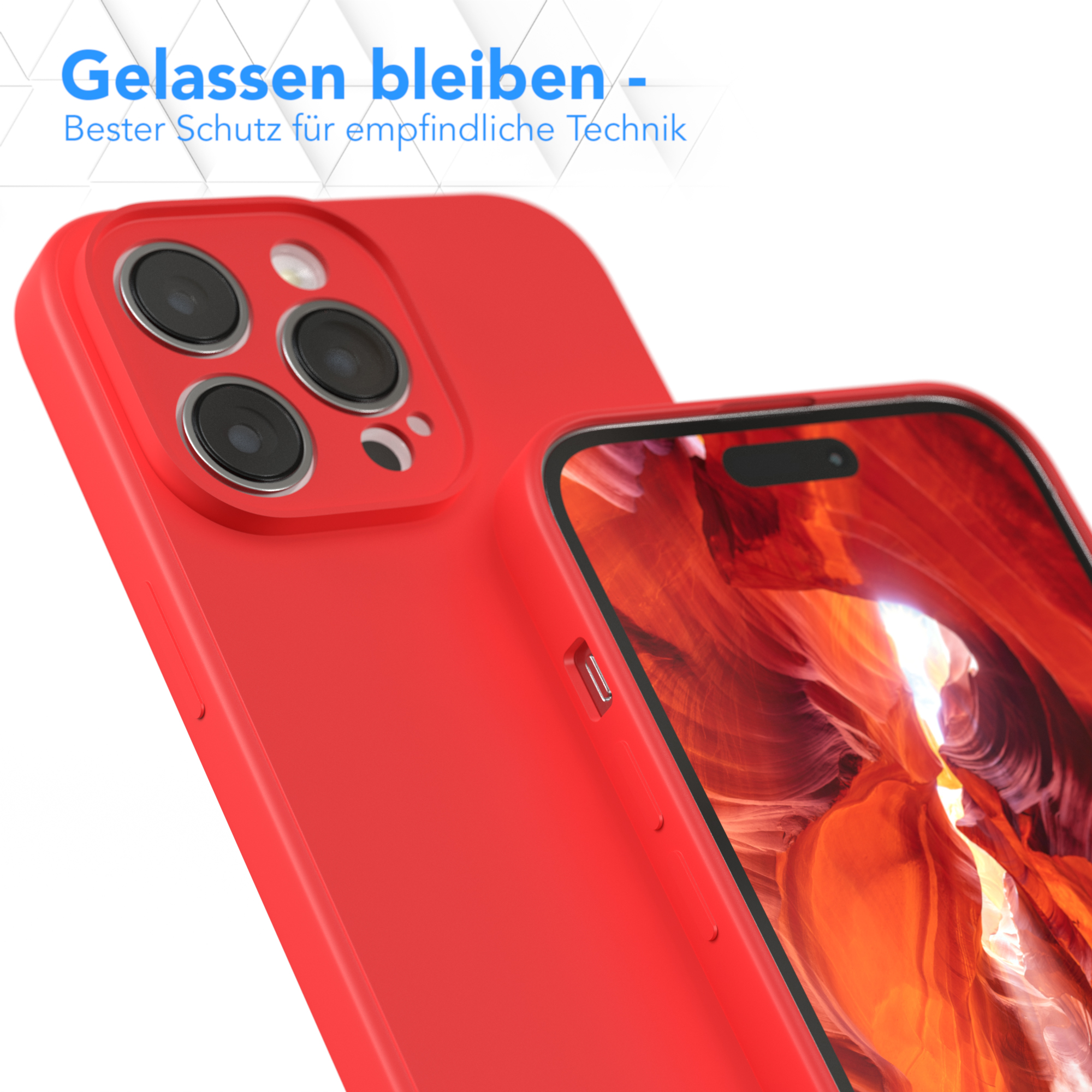 Eine rote Handyhülle mit einem Telefon darin. Der Hintergrund ist unscharf. Die Oberseite der Hülle ist sichtbar.