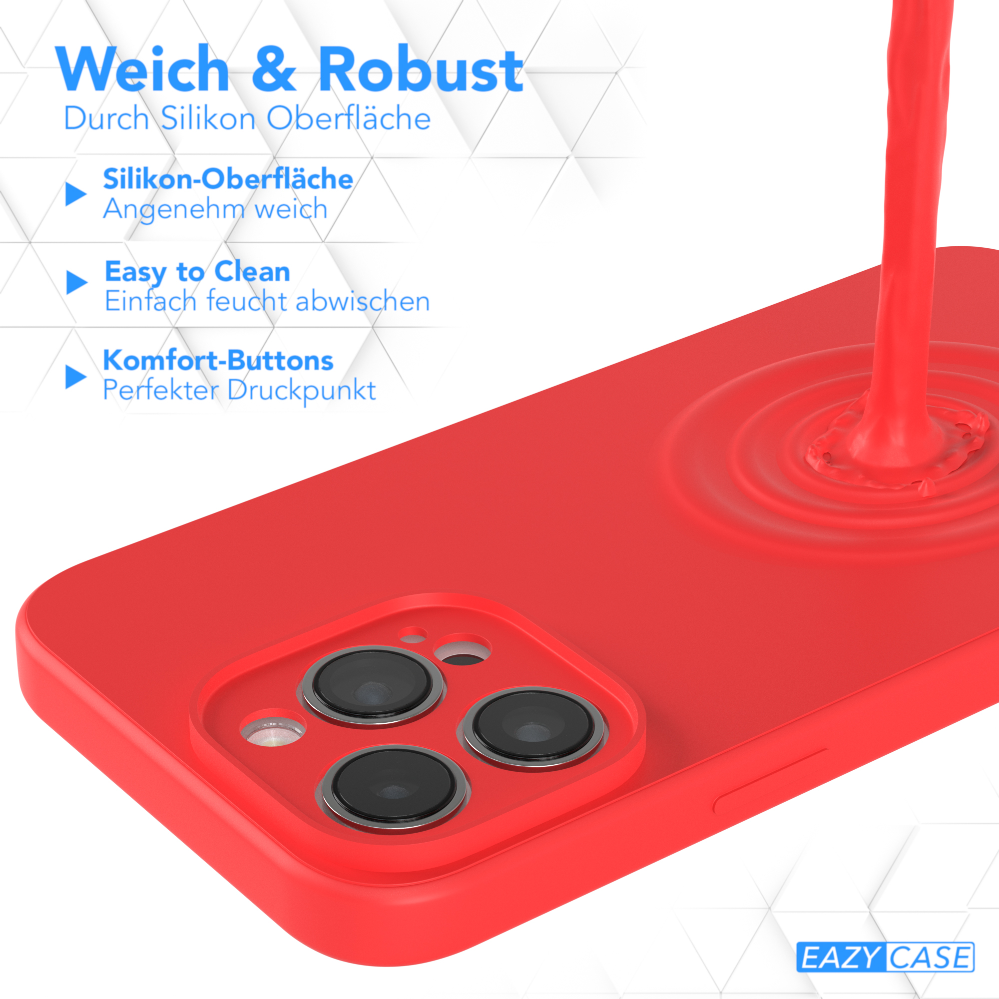 Rote Flüssigkeit gießt auf eine rote Handyhülle. Text: 'Weich & Robust', 'Silikonoberfläche', 'Leicht zu reinigen'.
