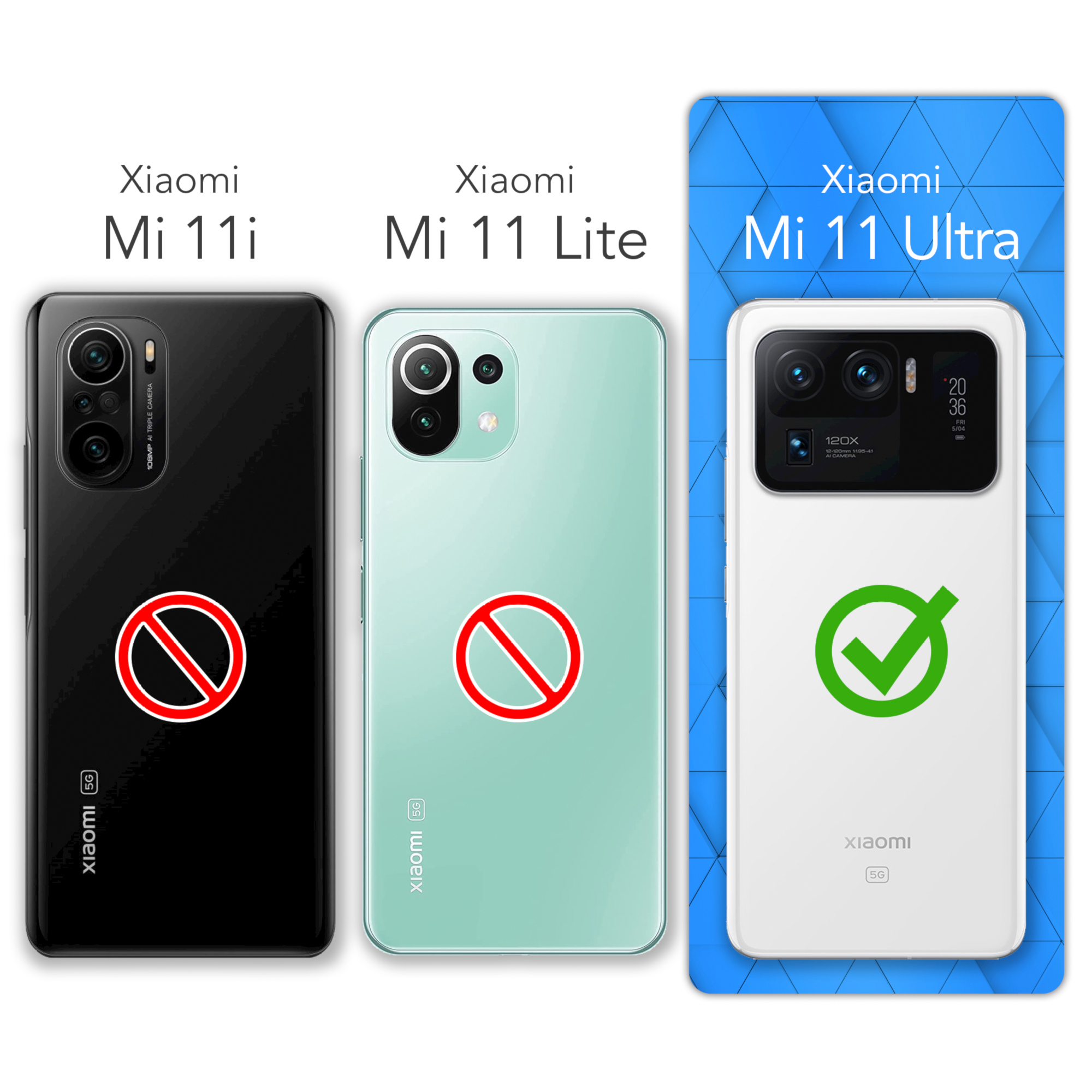 Drei Xiaomi-Telefone: Mi 11i (abgelehnt), Mi 11 Lite (abgelehnt) und Mi 11 Ultra (genehmigt).