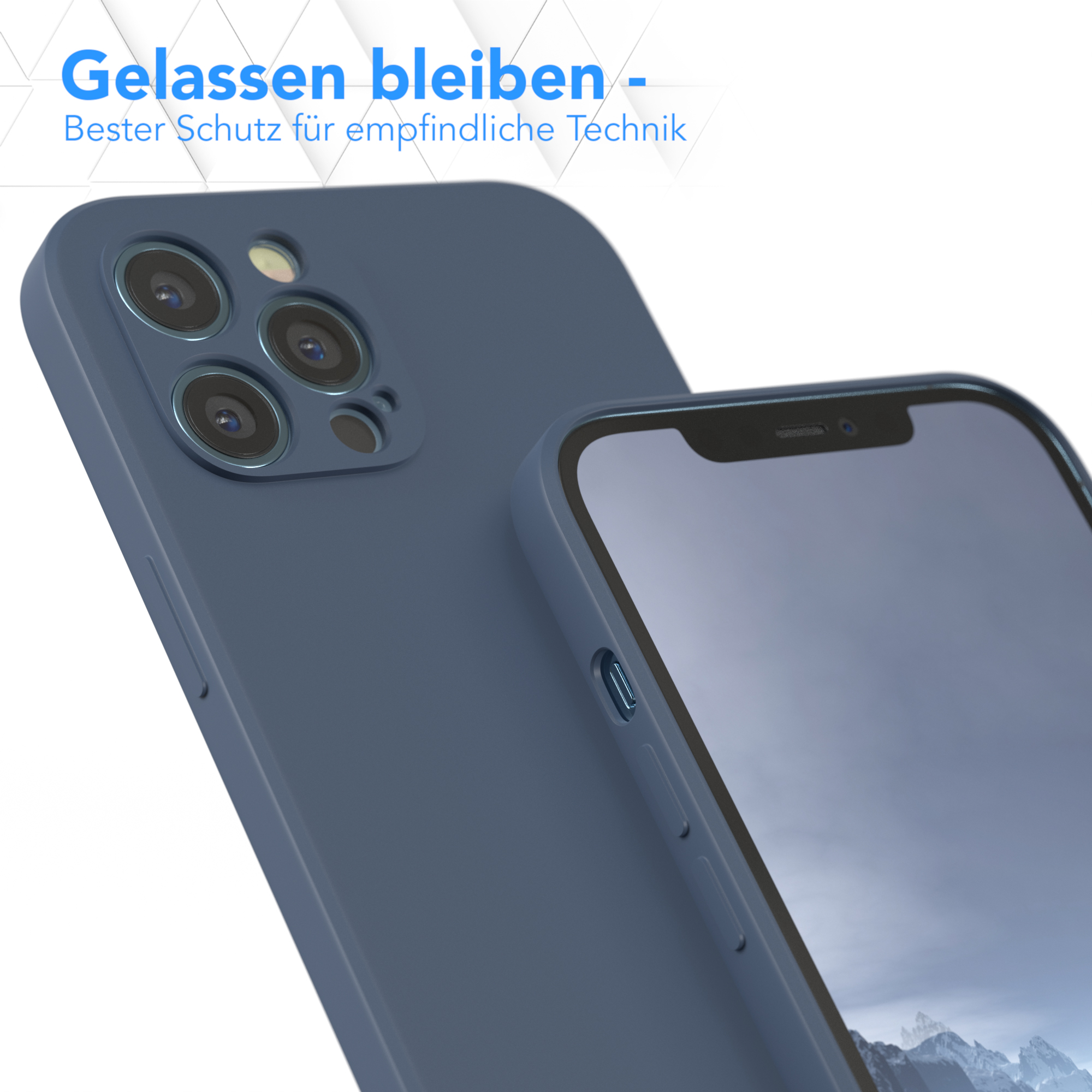 Blaue Handyhülle mit Telefon, Nahaufnahme.