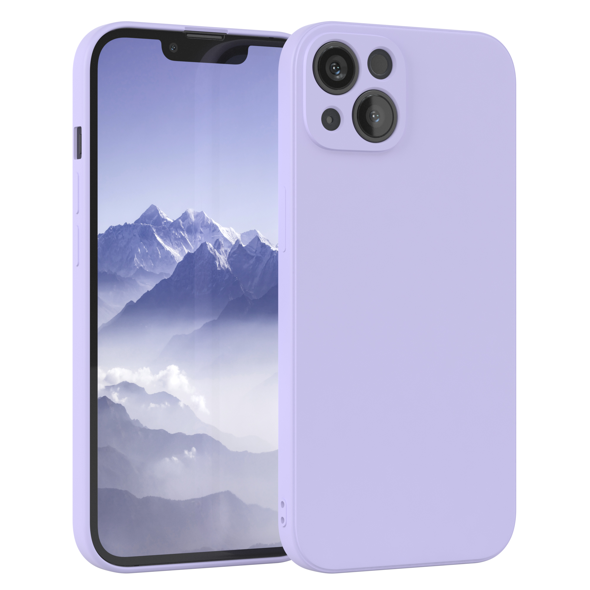 Lila Handyhülle mit Telefon, das ein Gebirge zeigt.