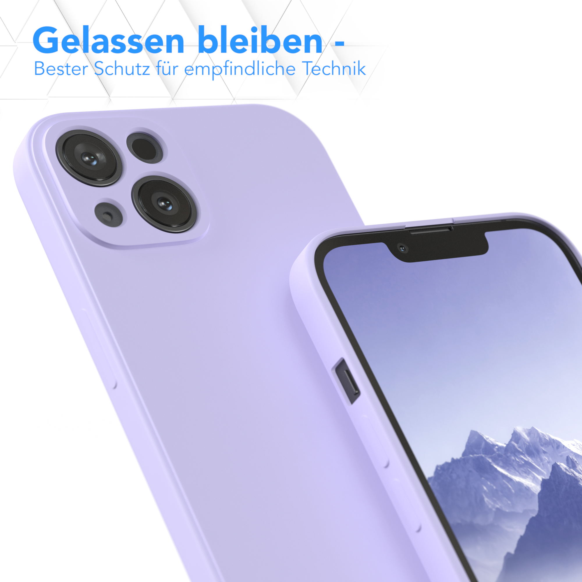 Zwei hellviolette Handyhüllen. Eine mit Telefon, die andere abgewinkelt, um die Rückseite zu zeigen. Weißer Hintergrund.