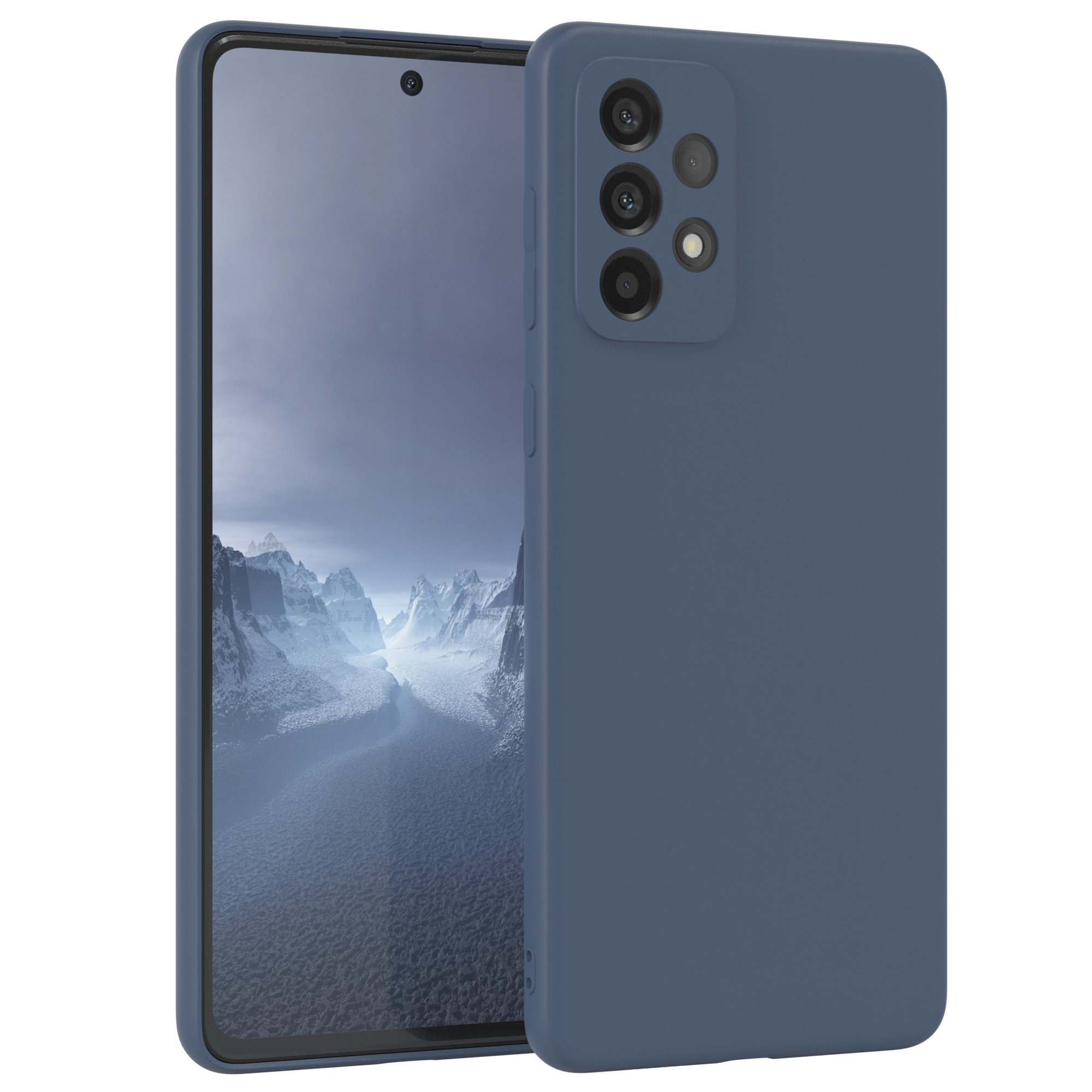 Dunkelblaue Handyhülle mit Telefon, das einen Wald von Palmen zeigt.
