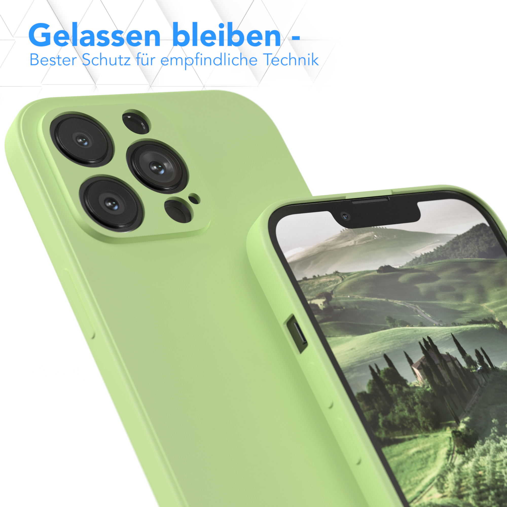 Grüne Handyhülle. Telefon in der Hülle. Weißer Hintergrund. Text oben.