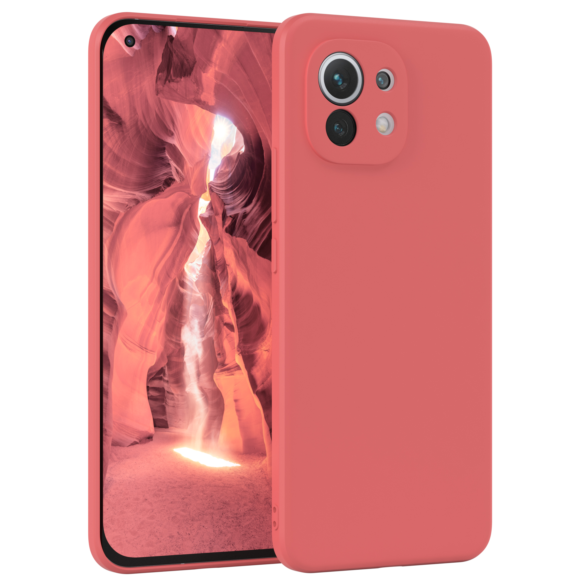 Rote Handyhülle neben einem Telefon, das ein orangefarbenes Schluchtenbild zeigt. Dreifach-Kamera.