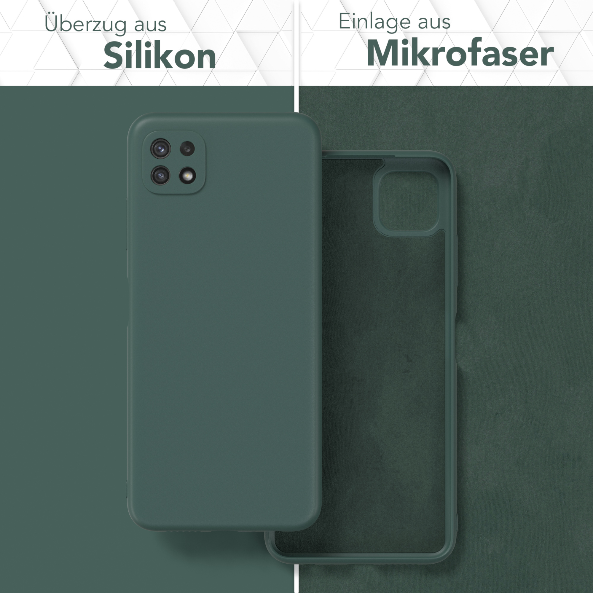 Zwei Handyhüllen, eine dunkelgrün, eine transparent, Text 'Silikon' und 'Mikrofaser'.