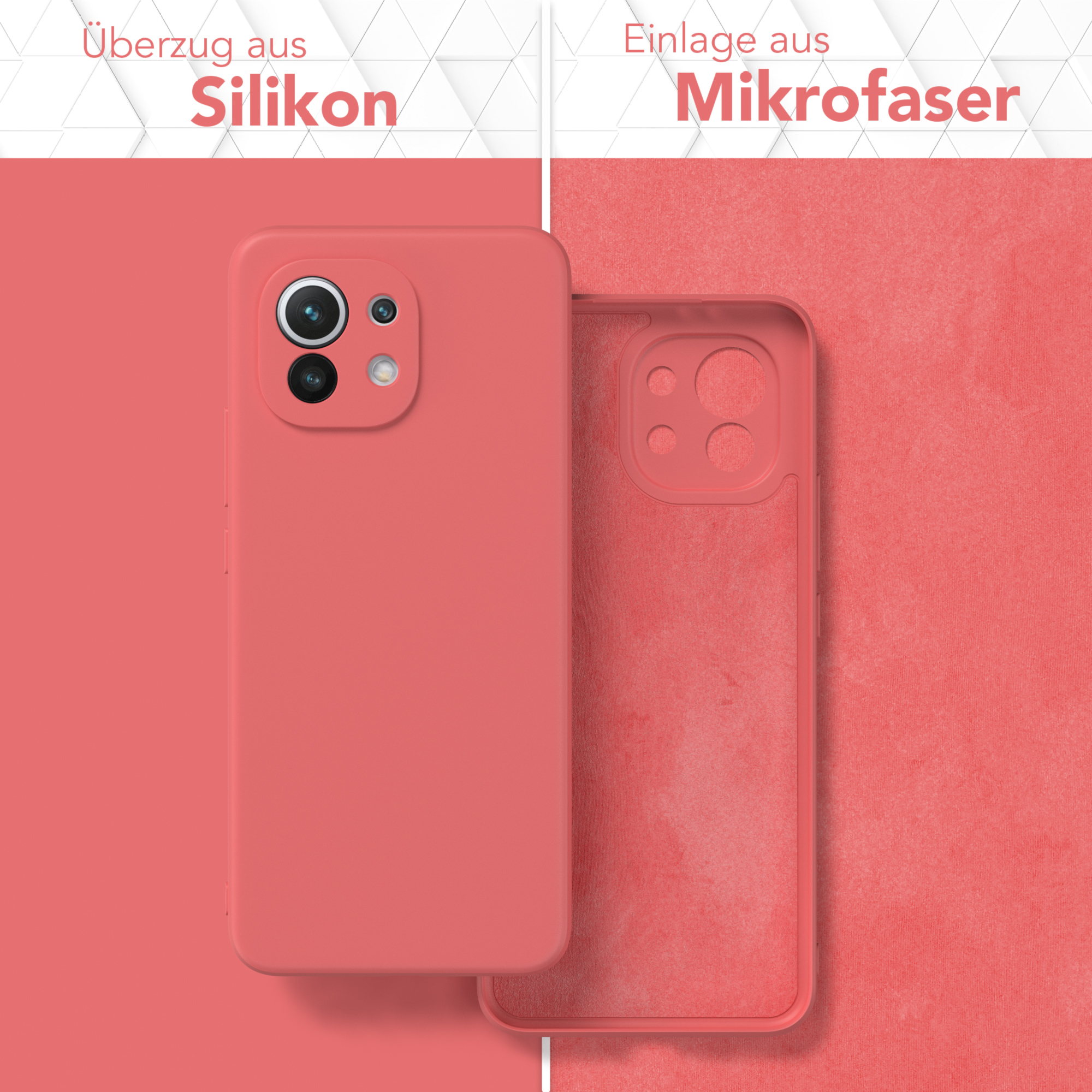 Rote Handyhülle, innen und außen. Text: Überzug aus Silikon, Einlage aus Mikrofaser.