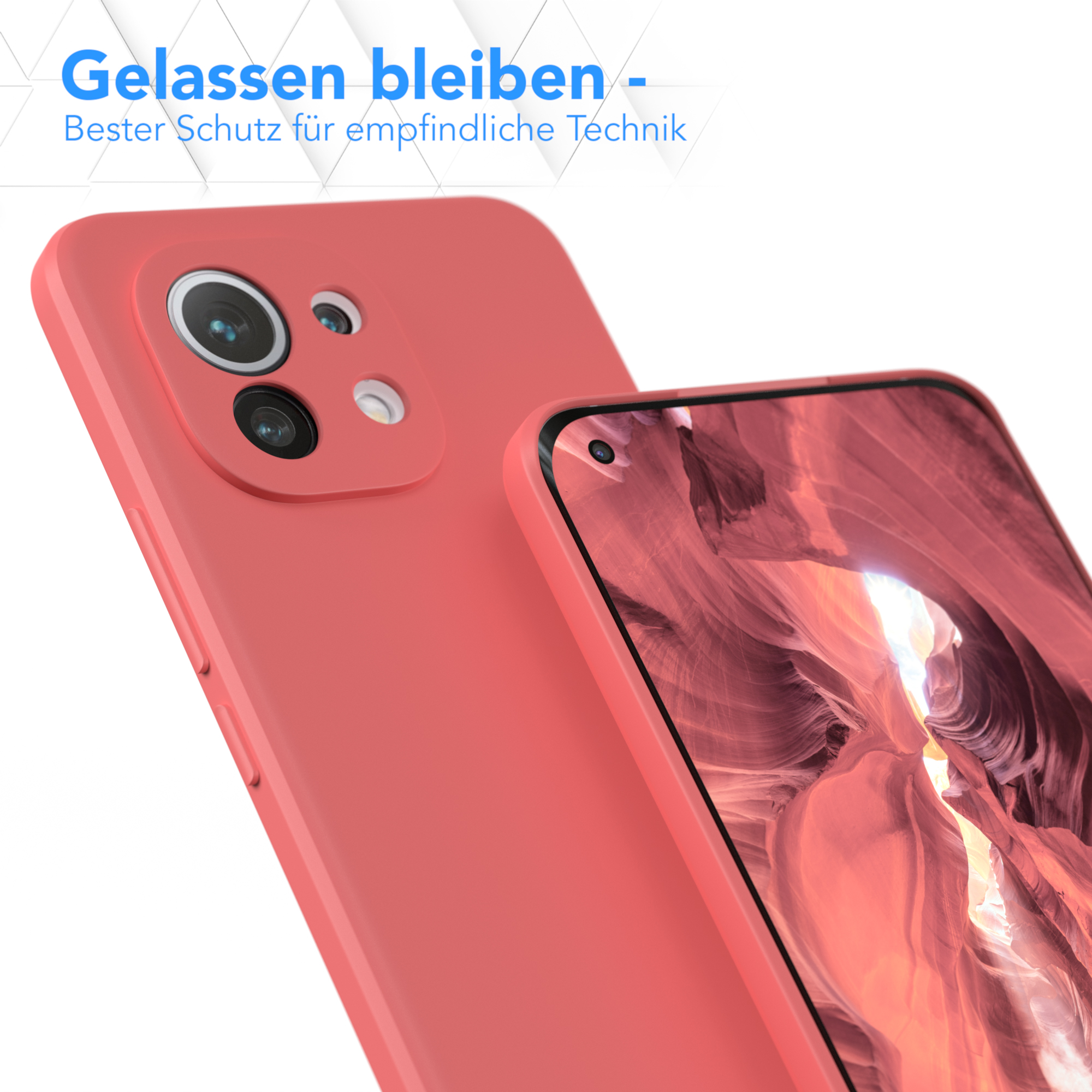 Eine korallenfarbene Handyhülle mit einem Telefon darin. Das Telefon zeigt ein Canyon-Bild. Text oben lautet 'Gelassen bleiben'.