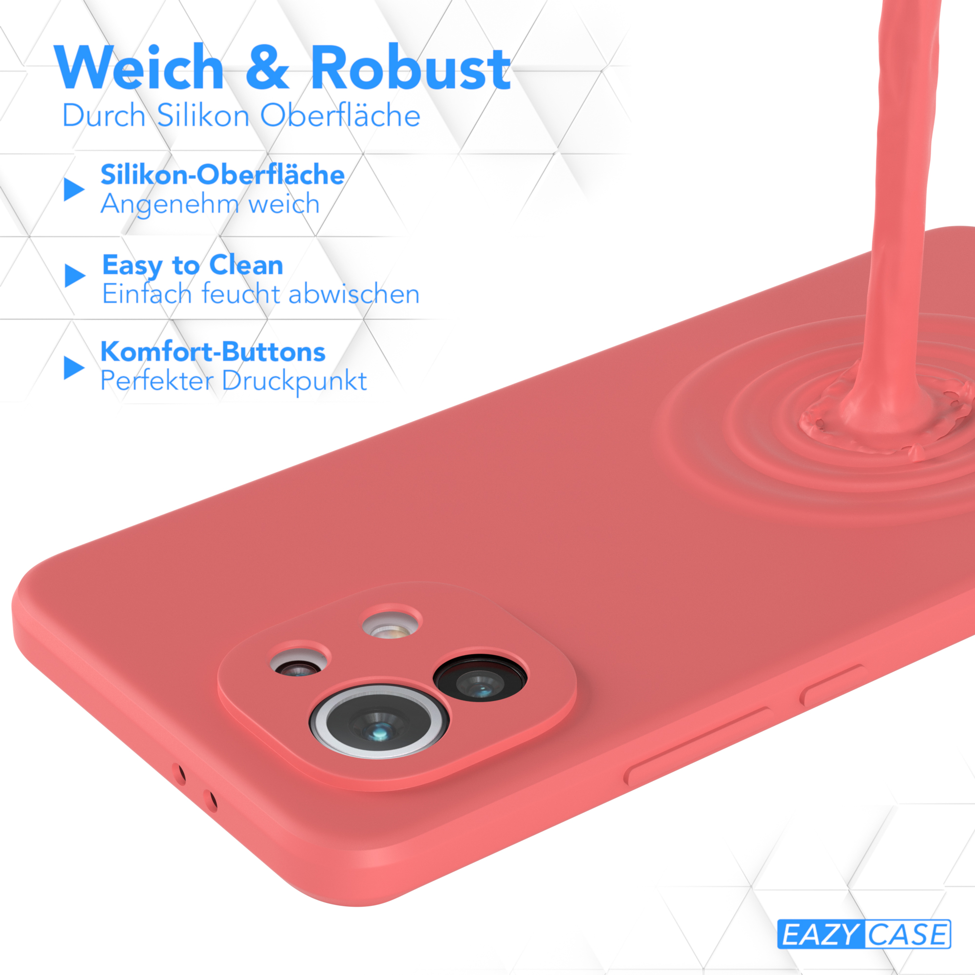 Eine rosa Handyhülle, auf die Flüssigkeit gegossen wird. Texte in Weiß sagen 'Weich & Robust' und 'Easy to Clean'.