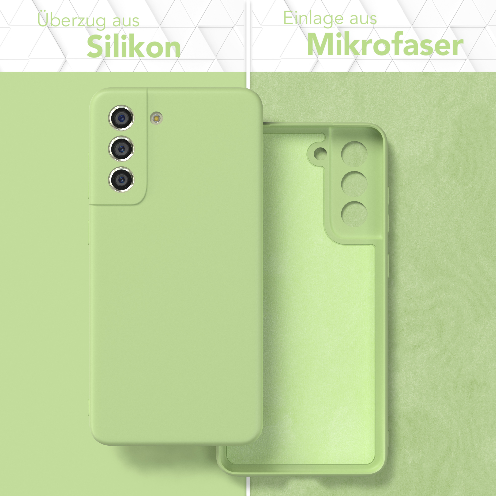 Zwei Handyhüllen, grün und geöffnet. Text: Silikonhülle und Mikrofaser-Inlay.