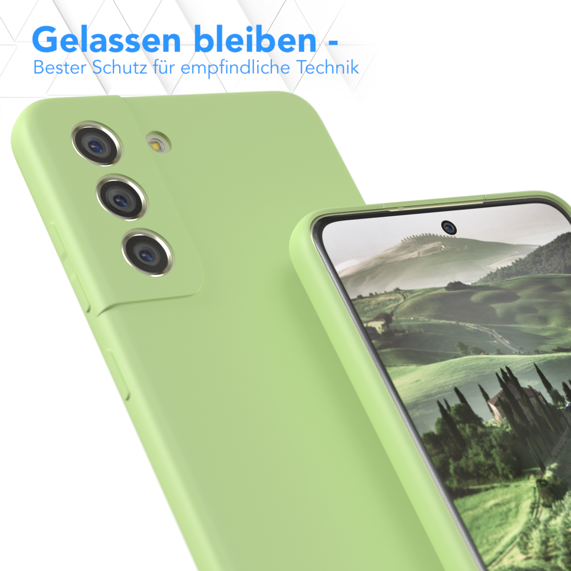 Nahaufnahme einer grünen Handyhülle und eines Telefons mit Landschaft.