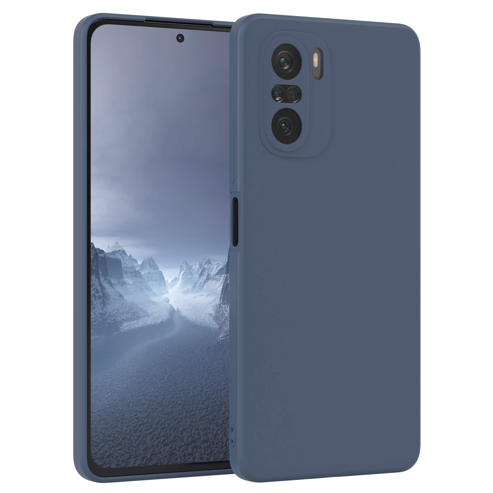 Blaues Telefon in einer blauen Hülle. Der Bildschirm ist an und zeigt Landschaftsbild. Rückseite mit zwei Kameras.