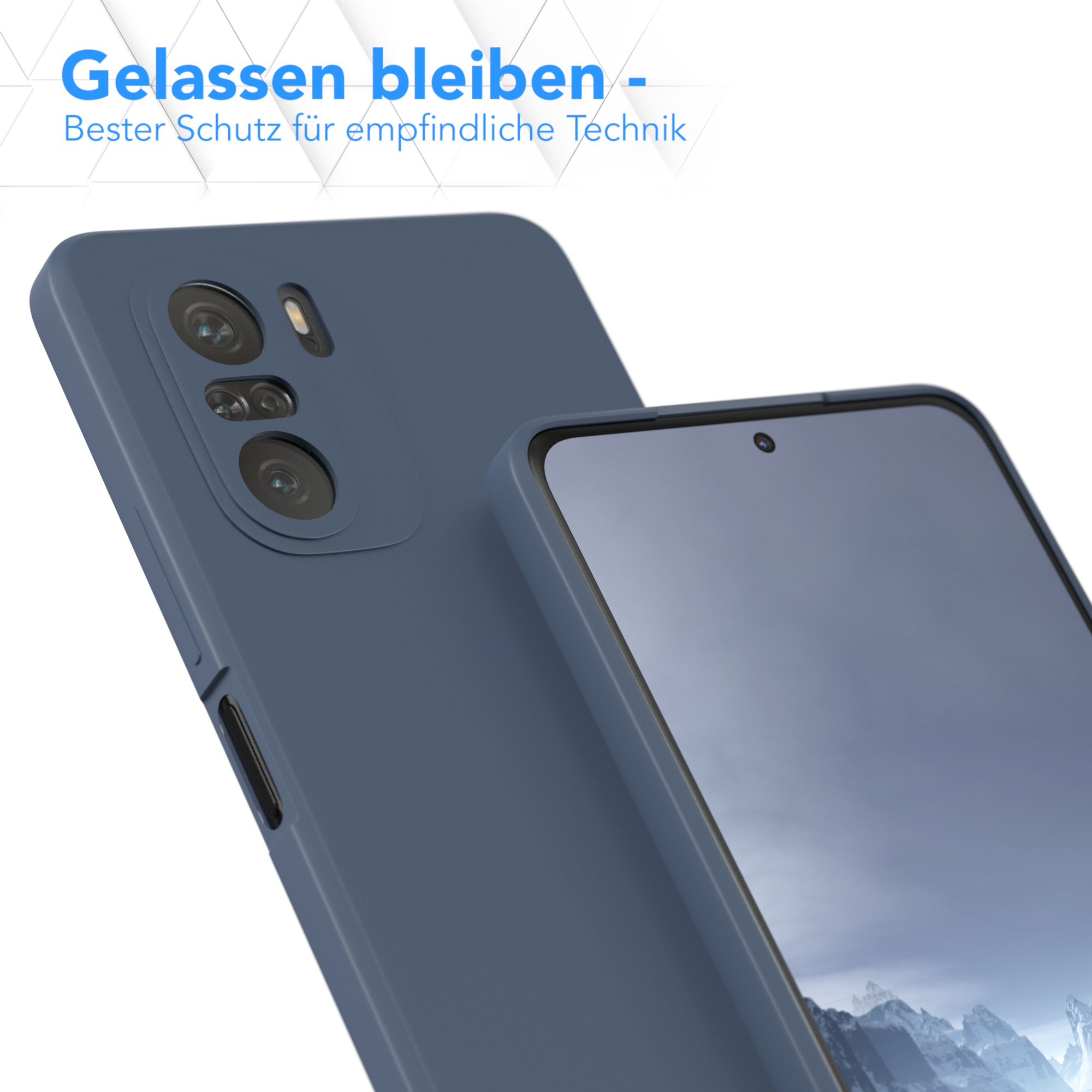 Eine dunkelblaue Handyhülle mit sichtbarem Telefonbildschirm. Die Hülle bedeckt die Ränder des Telefons.