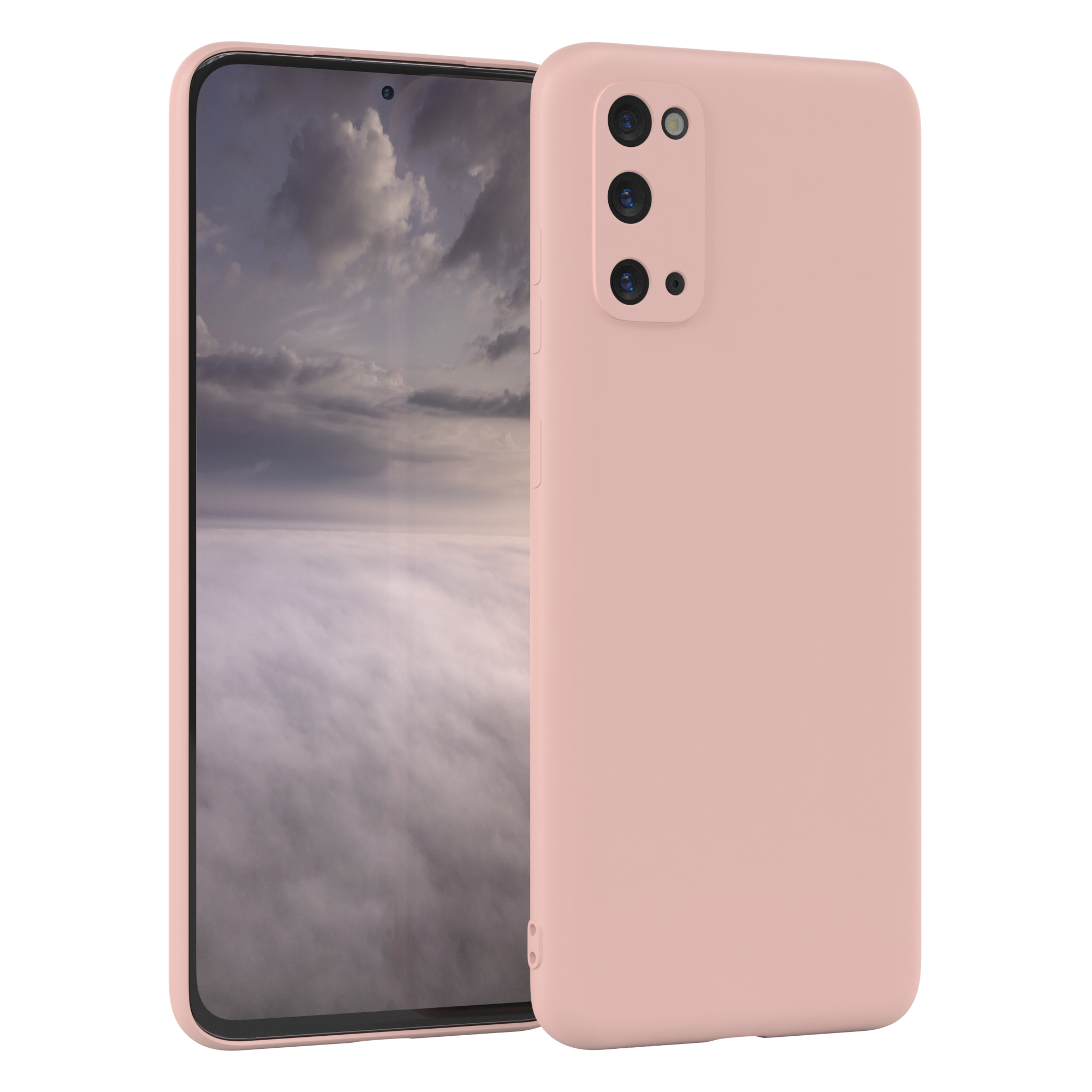 Rosa Handyhülle mit Handy, Landschaftsbild. Das Handy hat drei Kameras.