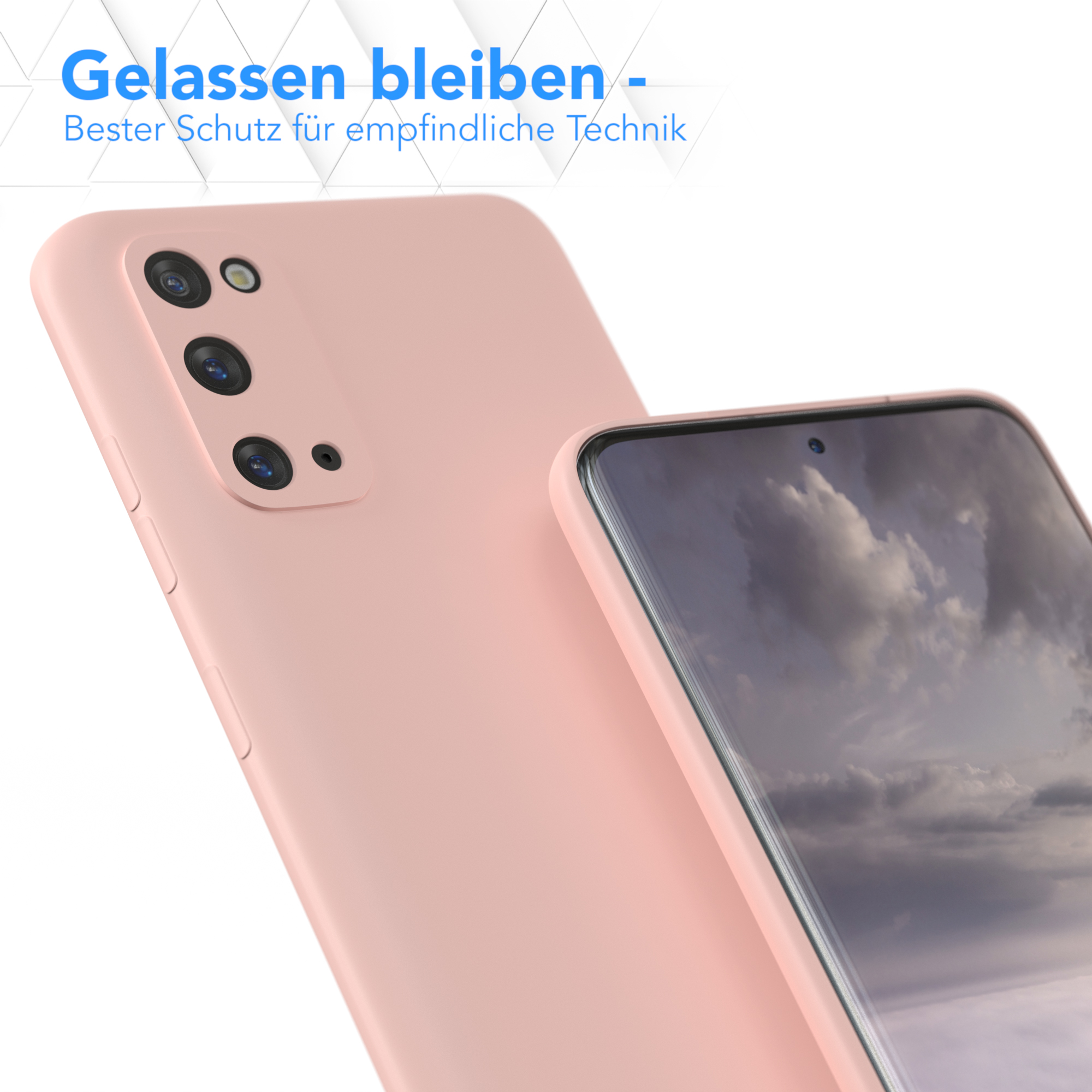 Eine rosa Handyhülle und ein Handybildschirm werden gezeigt. Text auf Deutsch ist sichtbar.