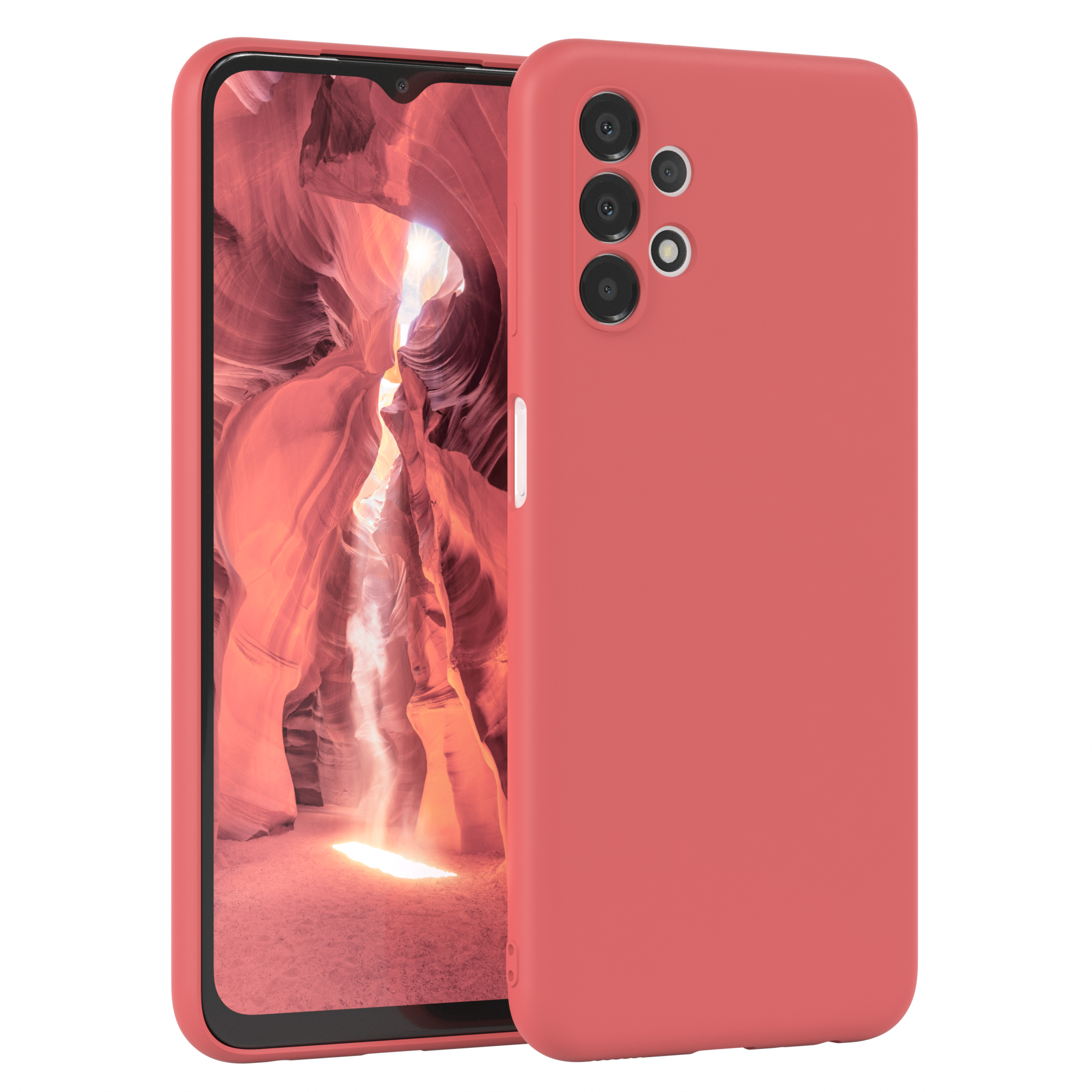 Handyhülle, rot. Telefon mit Landschaftsbild. Weißer Hintergrund.