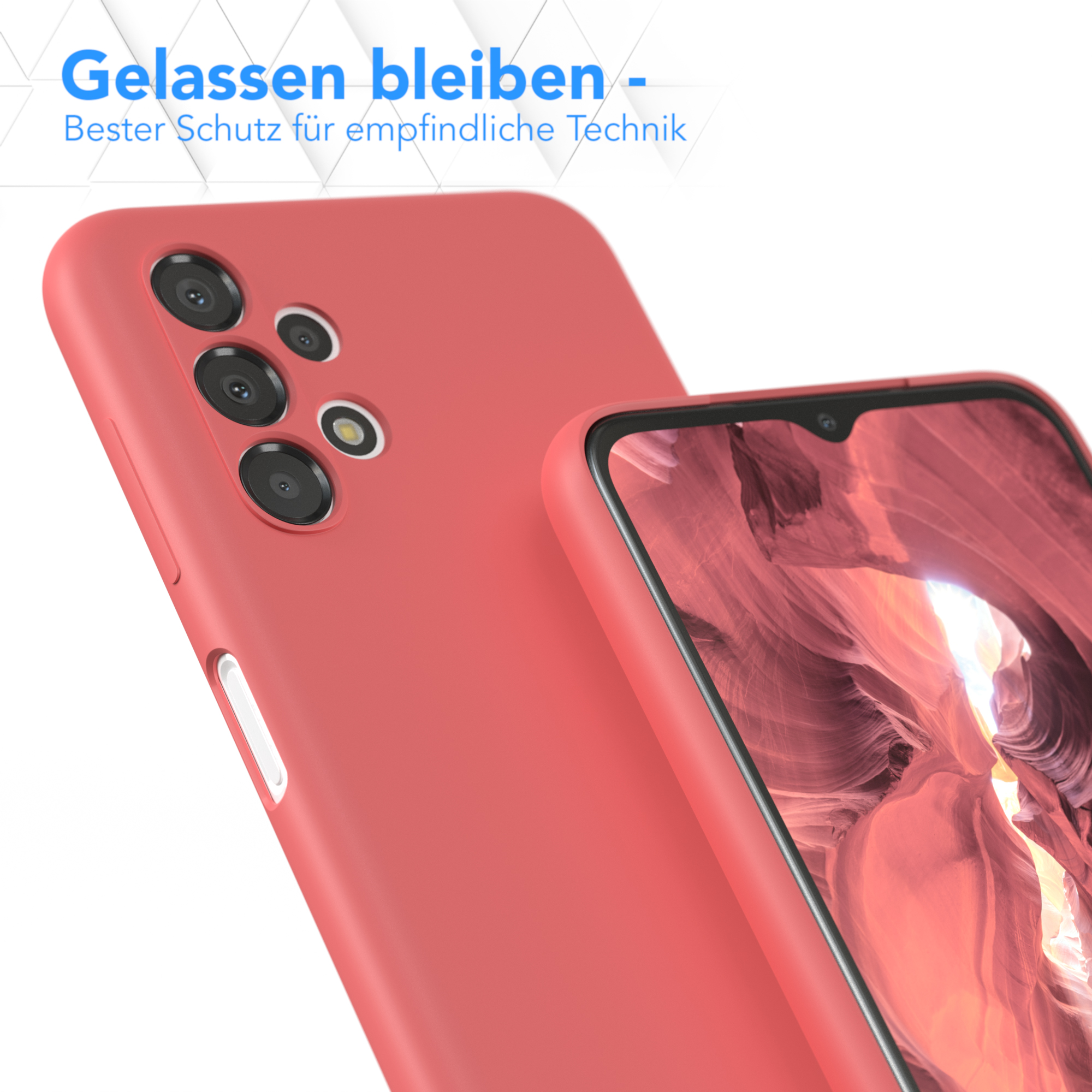 Rosa Handyhülle neben einem Telefon mit einer Anzeige eines Canyons.