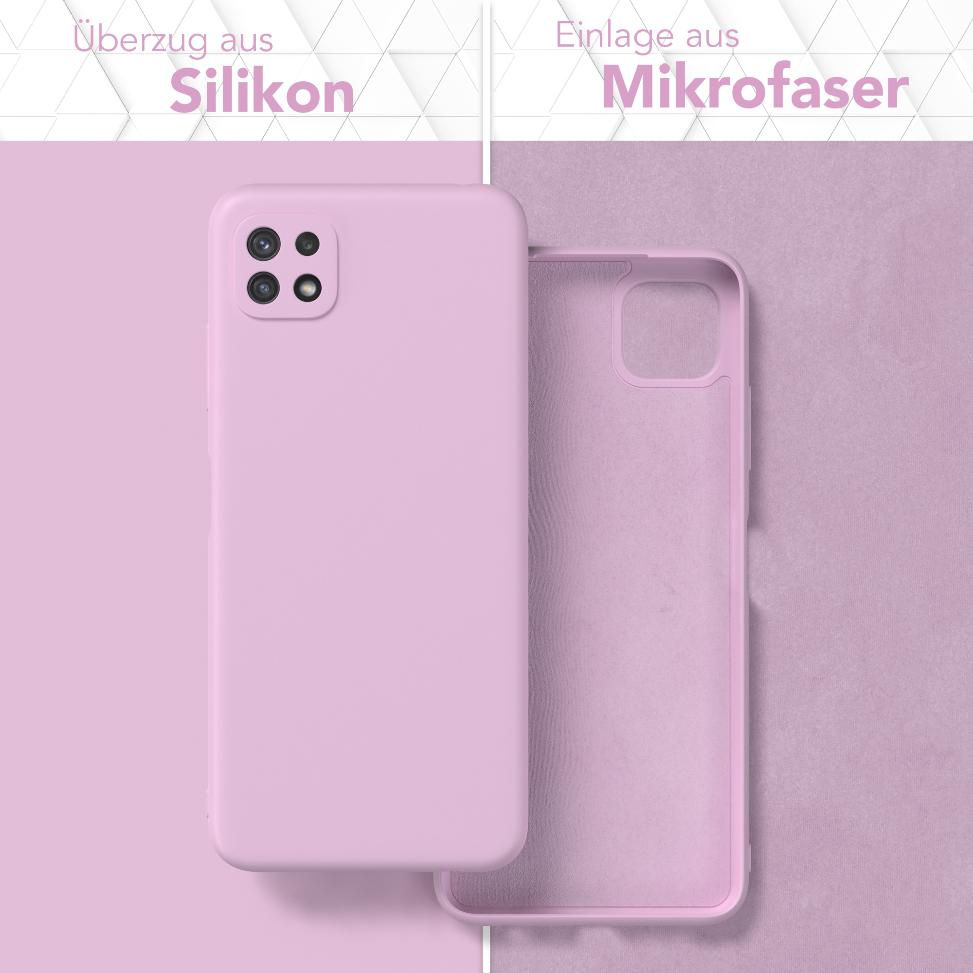 Eine hellviolette Handyhülle mit einem Telefon links und die Innenseite der Handyhülle rechts.