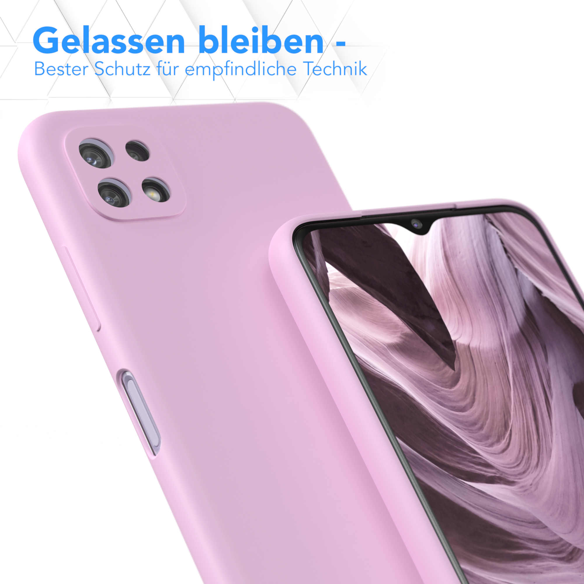 Zwei Handyhüllen, eine rosa und ein Telefon mit Kamera, zeigen Schutz und Design.
