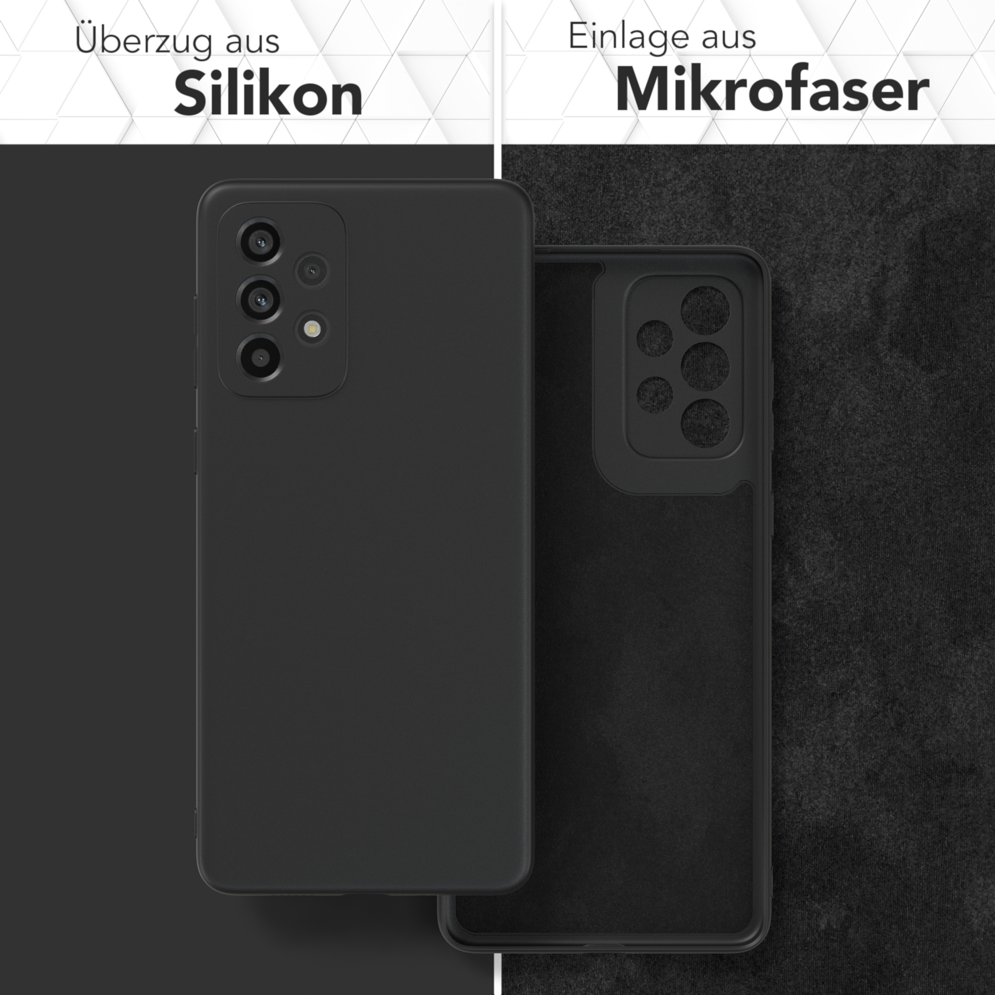 Zwei Handyhüllen. Eine schwarz, die andere transparent. Beide zeigen Innen- und Außenseite.