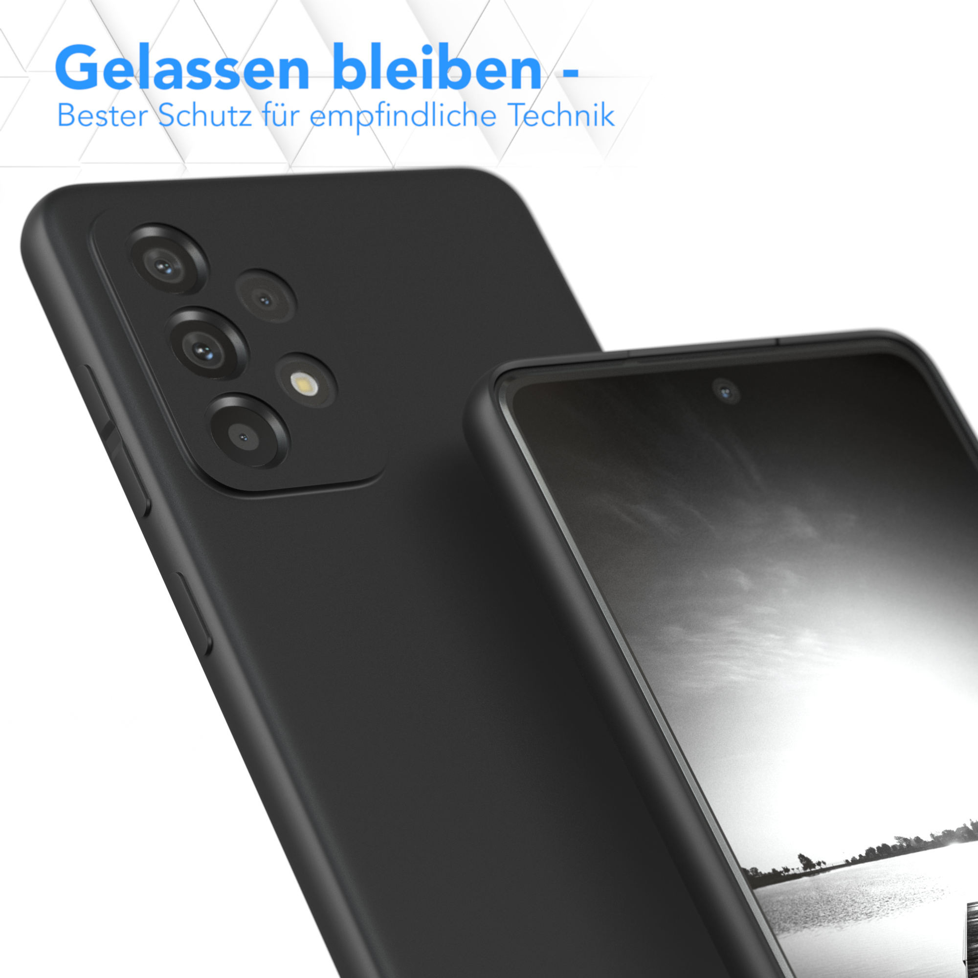 Eine schwarze Handyhülle und ein Telefon mit Kamera, das Schutz und Design zeigt.