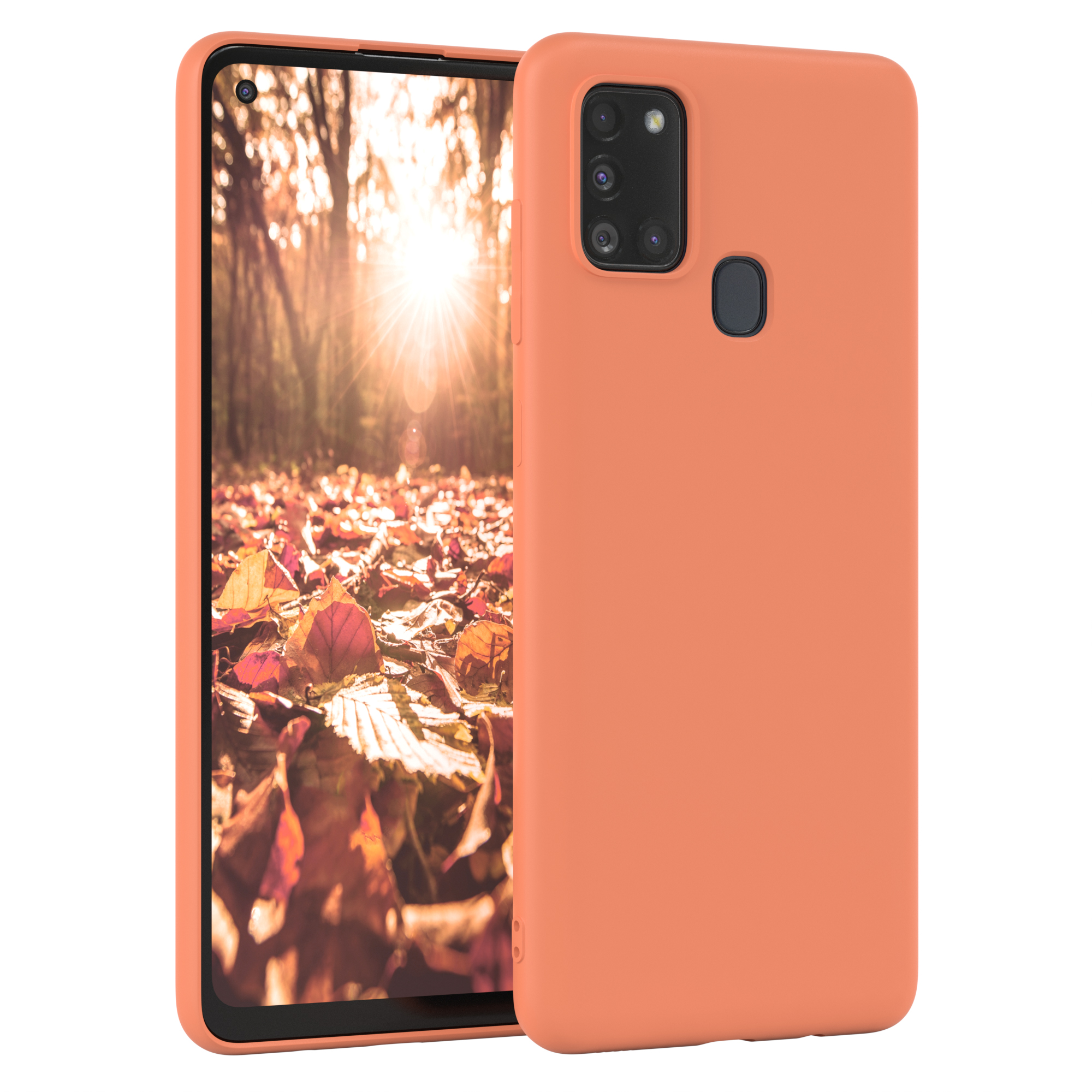 Oranges Telefon in orangefarbener Hülle, Blätter auf dem Bildschirm.