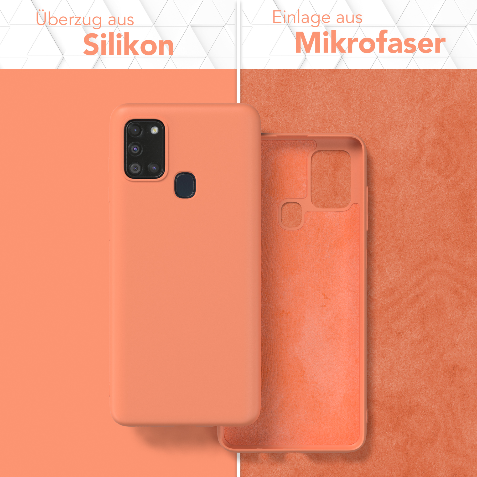 Orangene Handyhülle und Mikrofaser-Einsatz. Text auf Deutsch: Silikon-Überzug, Mikrofaser-Einlage.