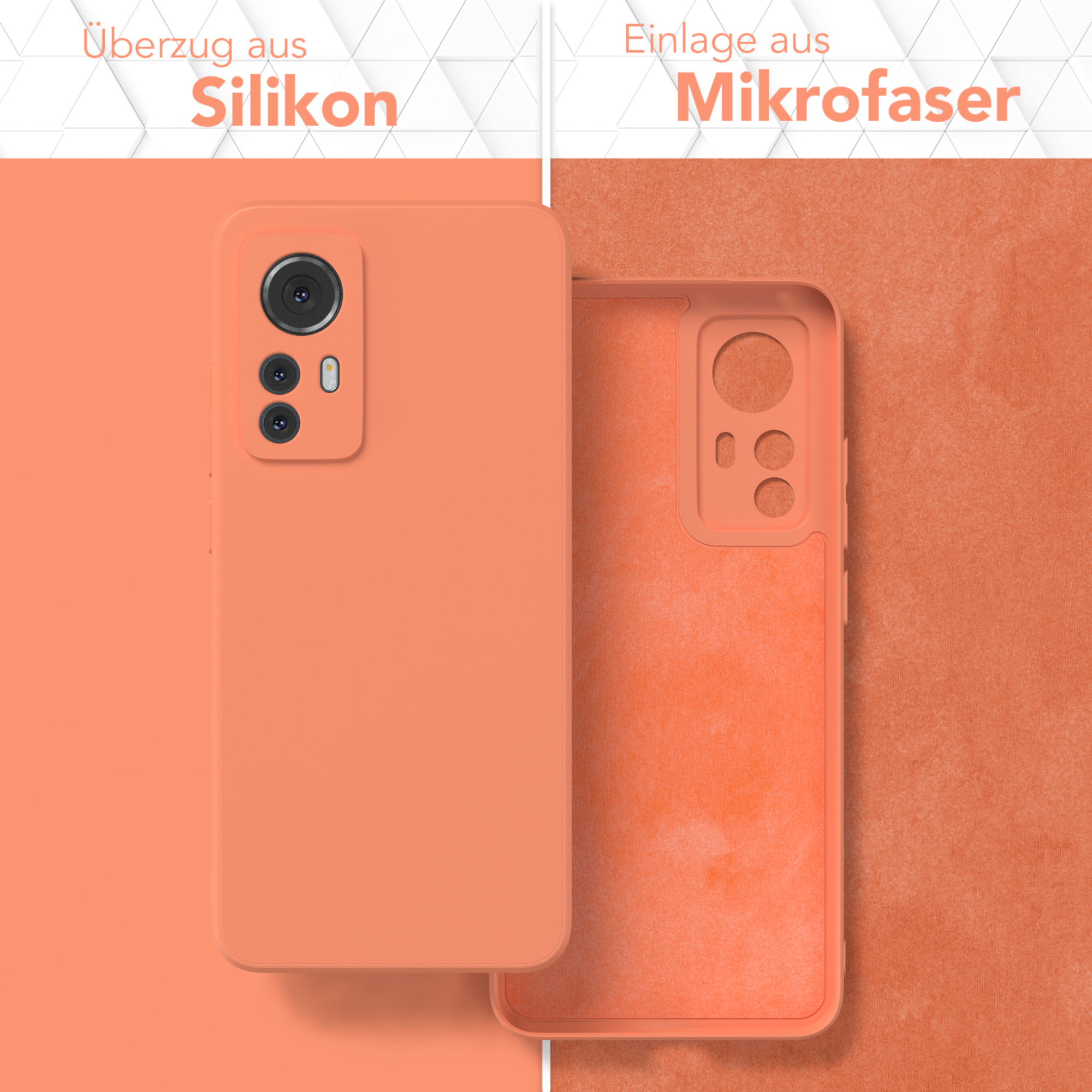 Eine orangefarbene Handyhülle mit Mikrofaser-Innenraum auf orangefarbenem Hintergrund.
