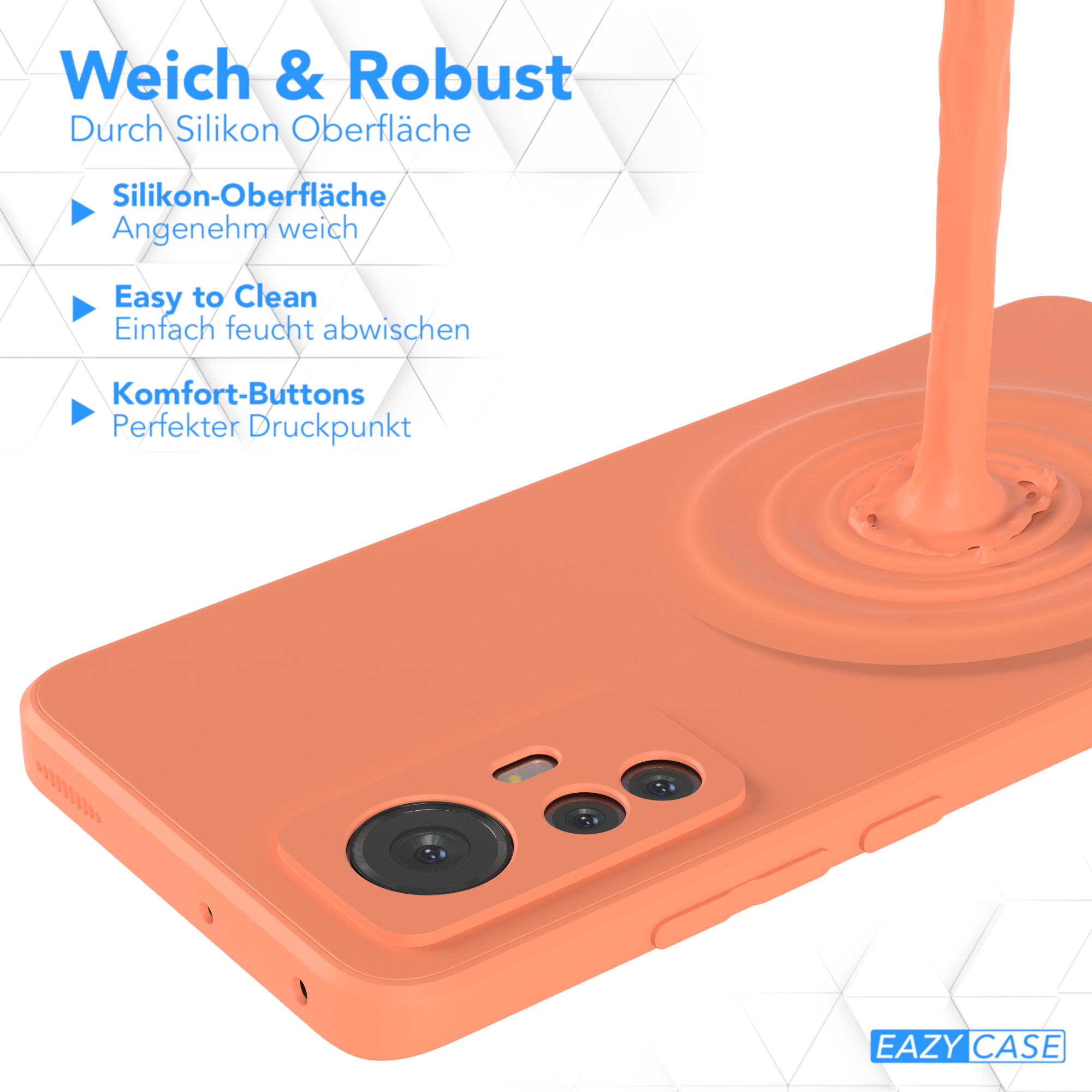 Eine orangefarbene Handyhülle mit Text: Silikonoberfläche, leicht zu reinigen und Komfort-Tasten.