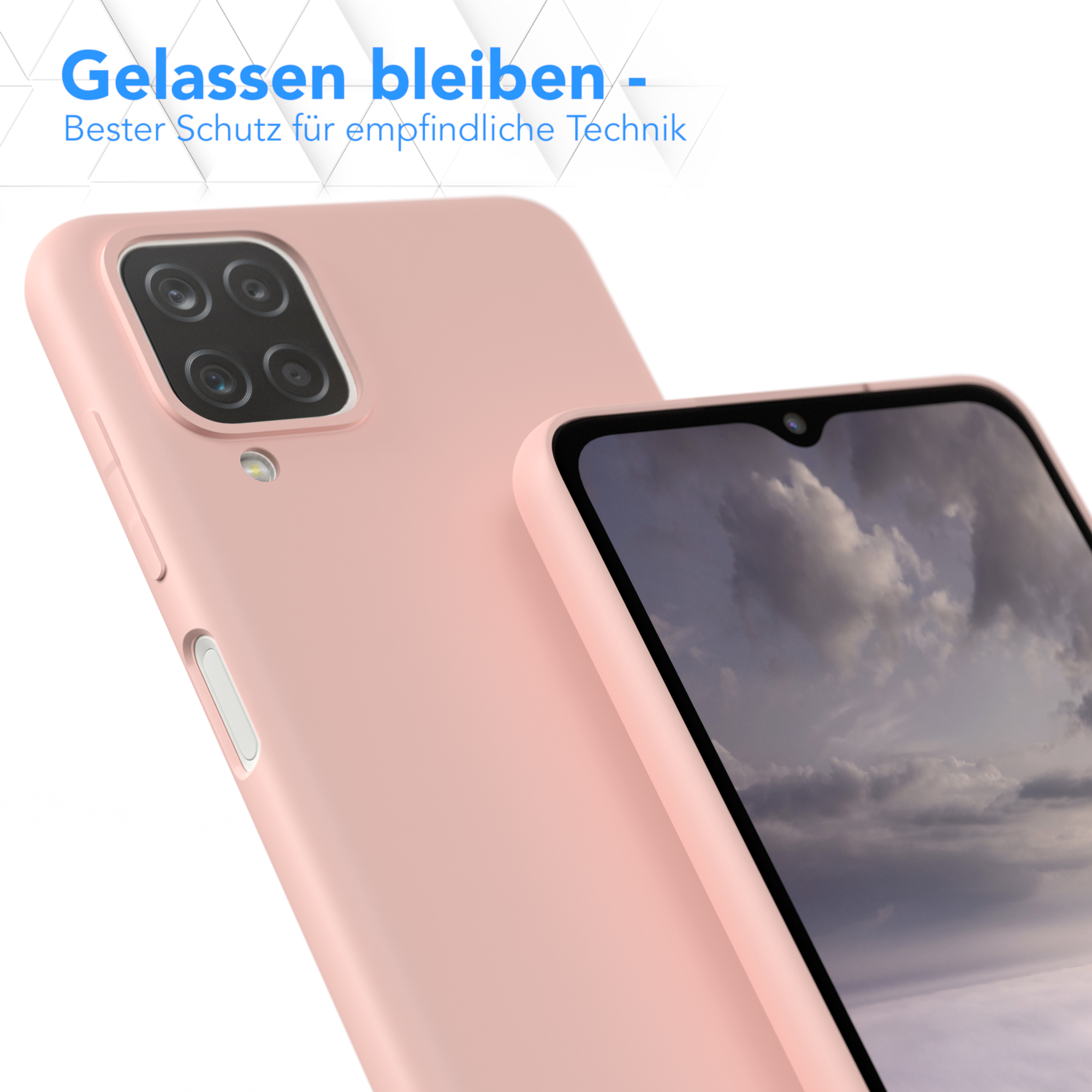 Nahaufnahme einer rosa Handyhülle und eines Telefons mit verschwommenem Bild.