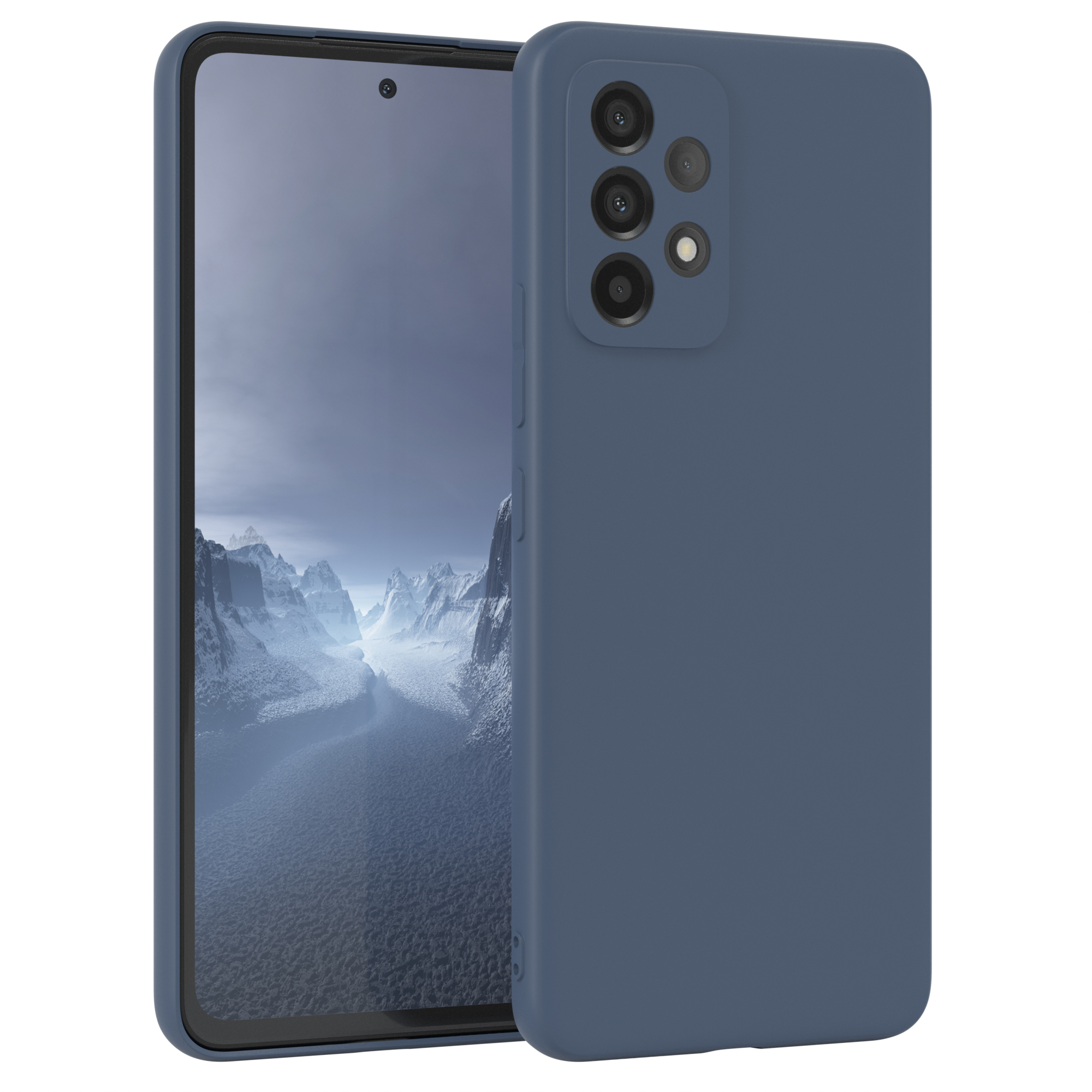 Blaue Handyhülle mit Telefon. Das Telefon hat eine blaue Hülle und zeigt einen dunkelblauen Hintergrund.