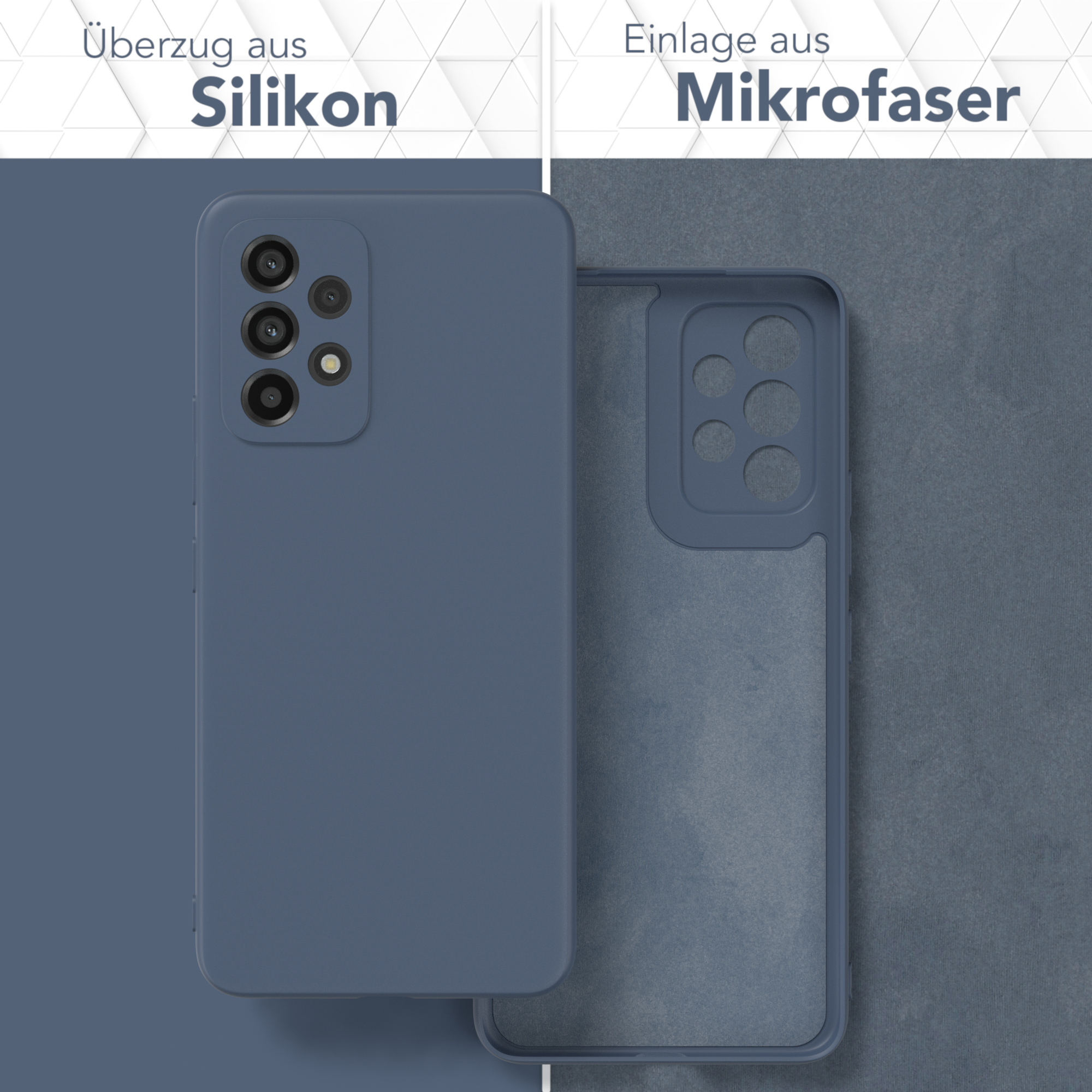 Eine Handyhülle, die das Silikon-Außenmaterial und das Mikrofaser-Innenmaterial in Blau zeigt.