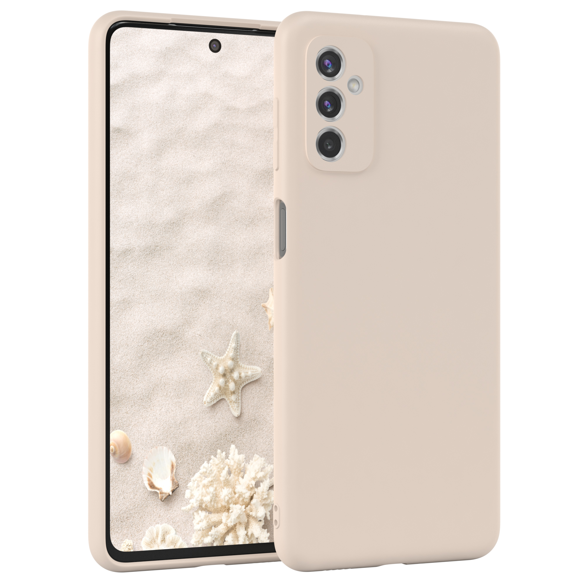Beige Handyhülle mit einer Strandszene mit Muscheln.