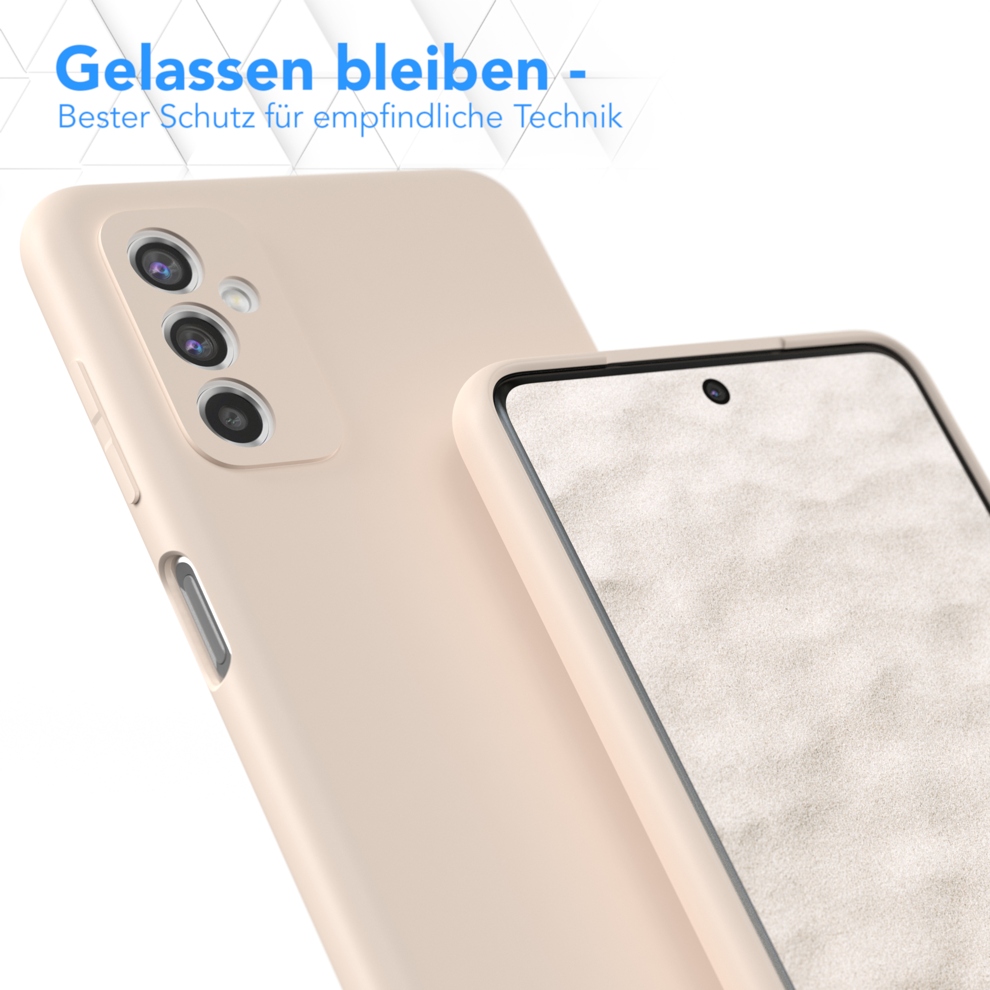 Handyhülle und Displayschutz, beige, mit Hülle und Telefon.