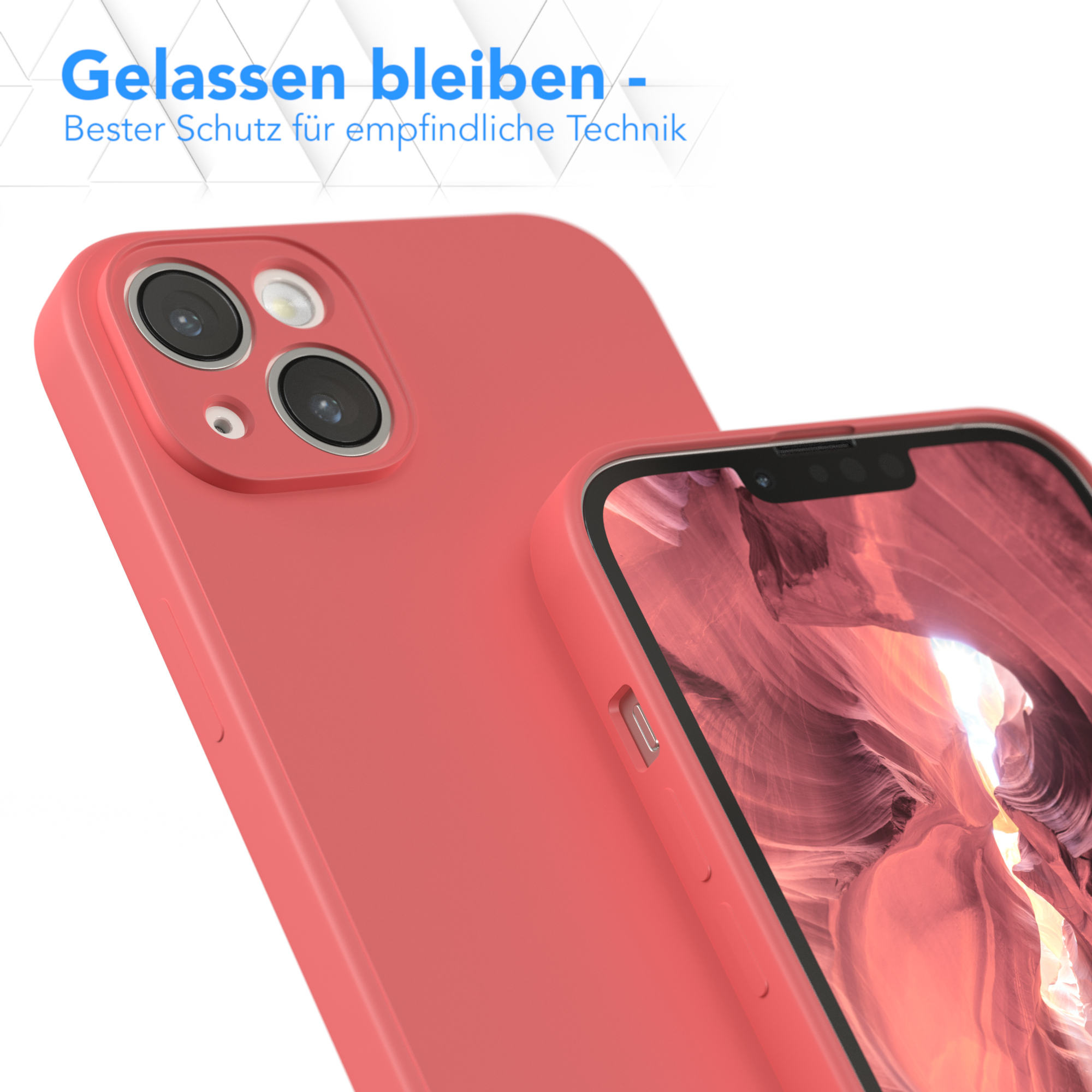 Eine korallenfarbene Handyhülle mit einem Telefon darin. Der Text lautet 'Bleib ruhig'.