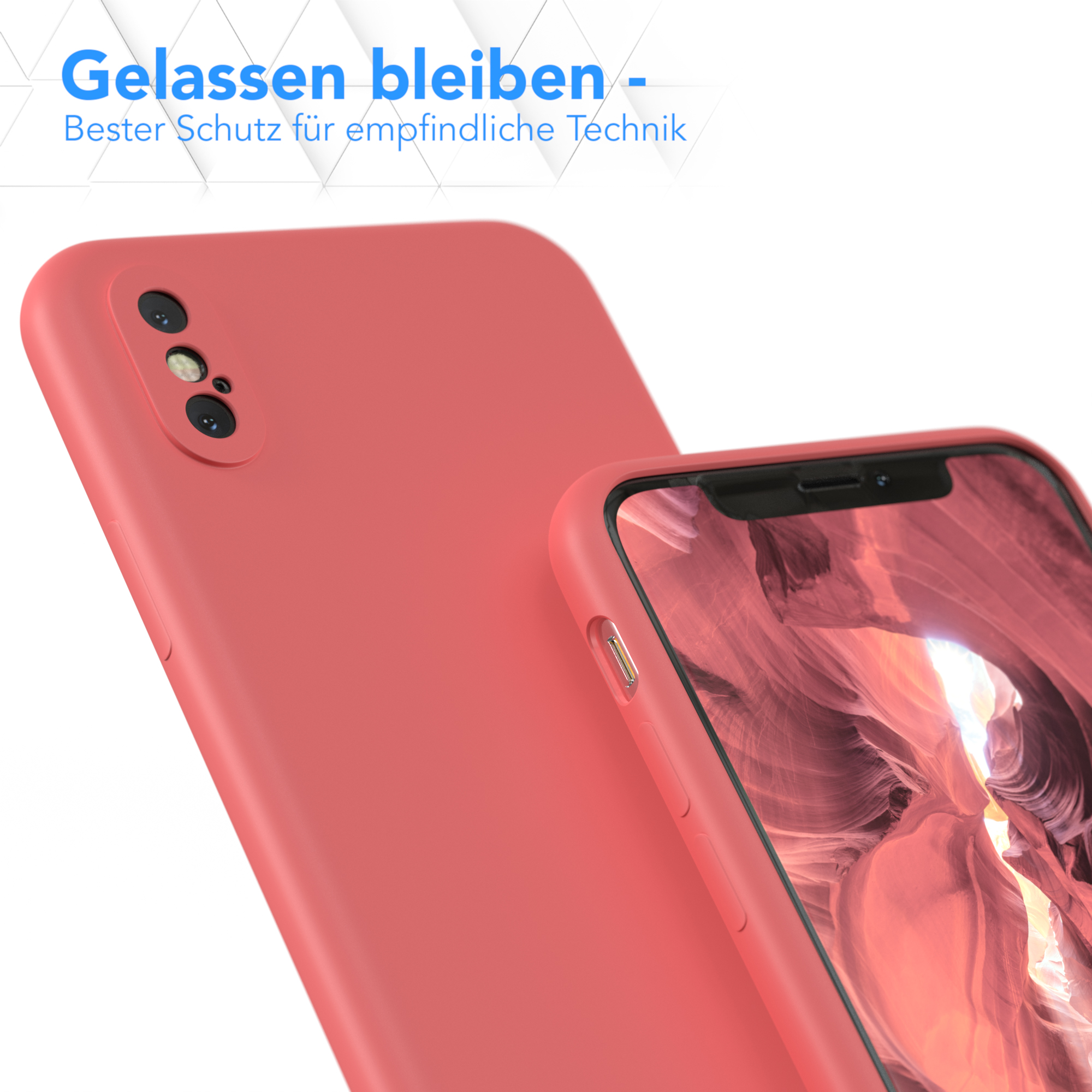 Zwei Handyhüllen, eine auf dem Telefon. Die Hülle und das Telefon sind rot. Text: Entspannt bleiben - Bester Schutz.