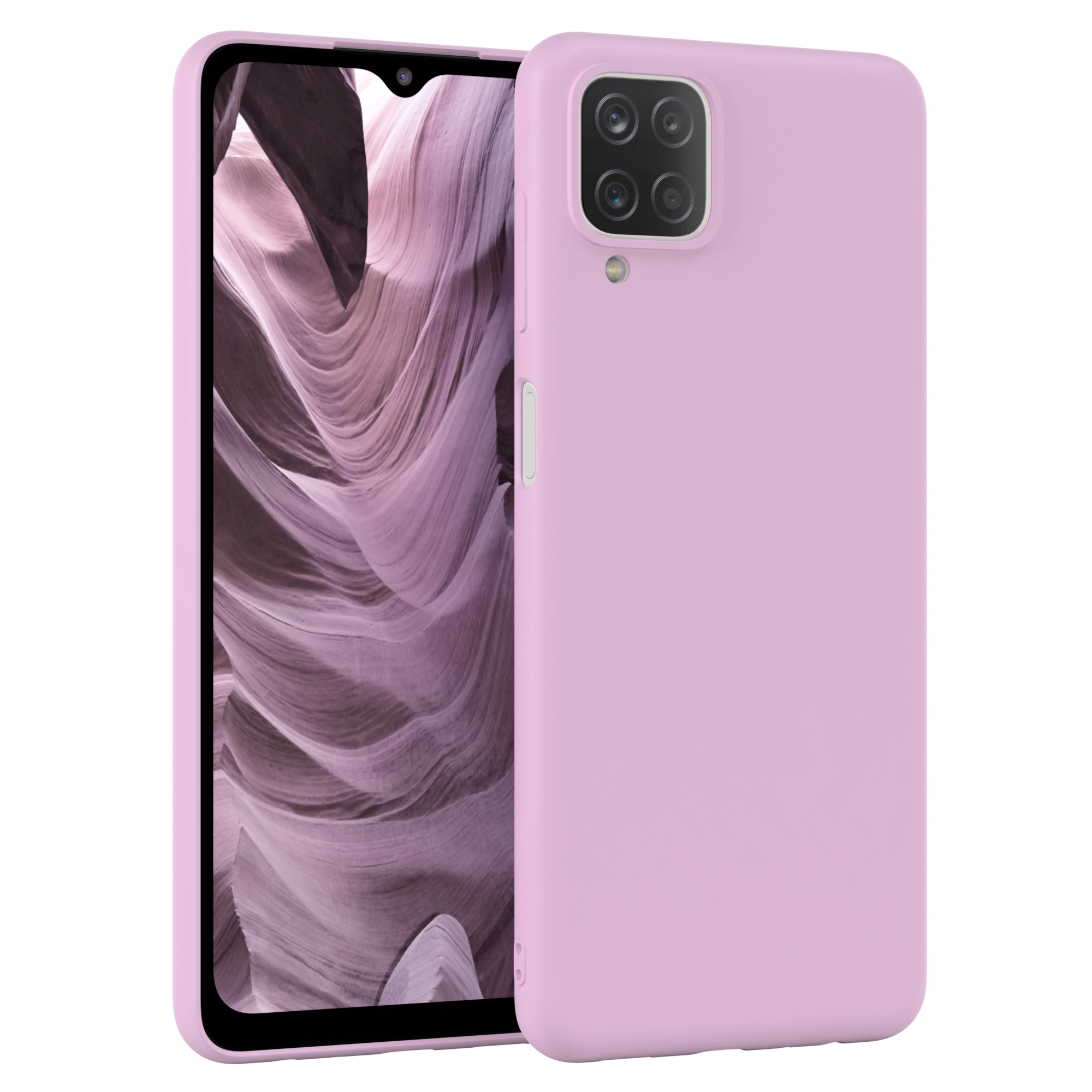 Rosa Handyhülle auf einem Telefon. Der Bildschirm zeigt eine Felsformation.