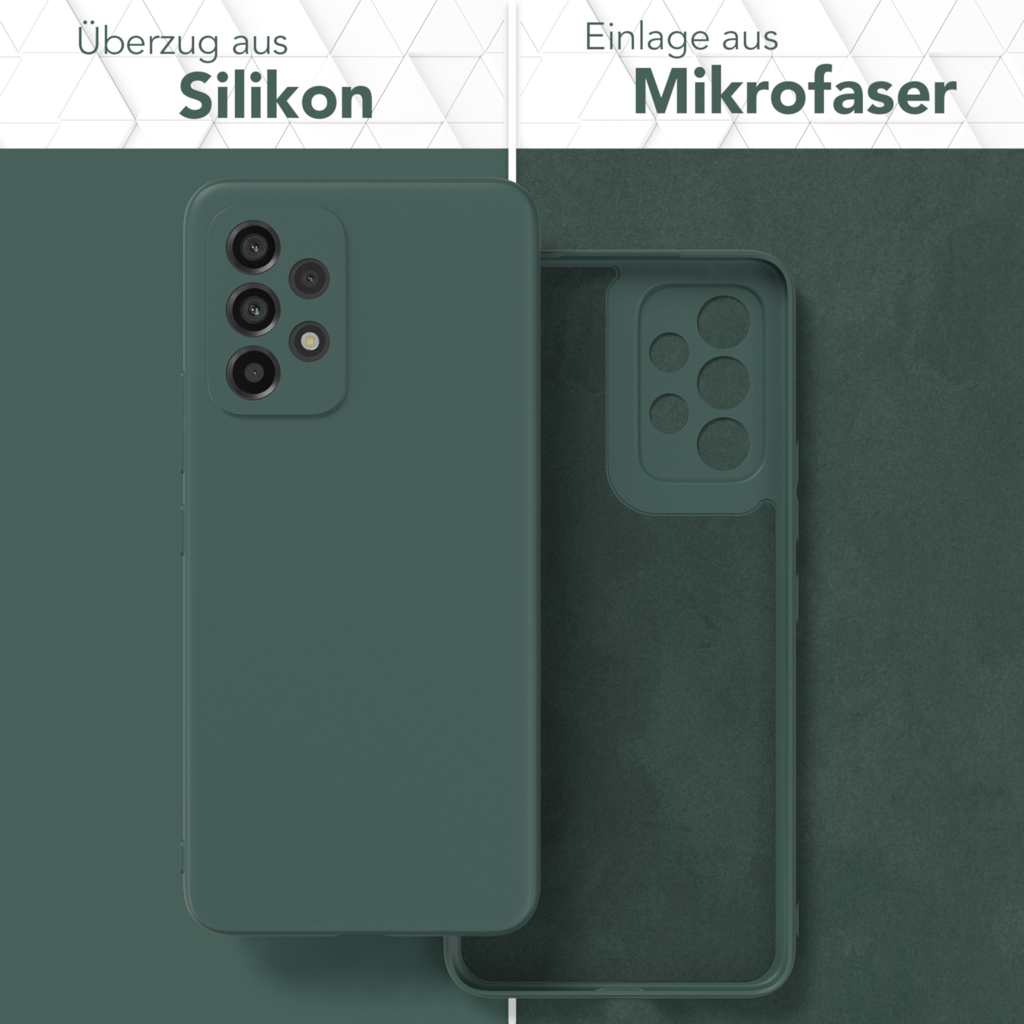 Eine Handyhülle mit Silikonaußenseite und Mikrofaserinnenseite. Die Hülle ist grün.
