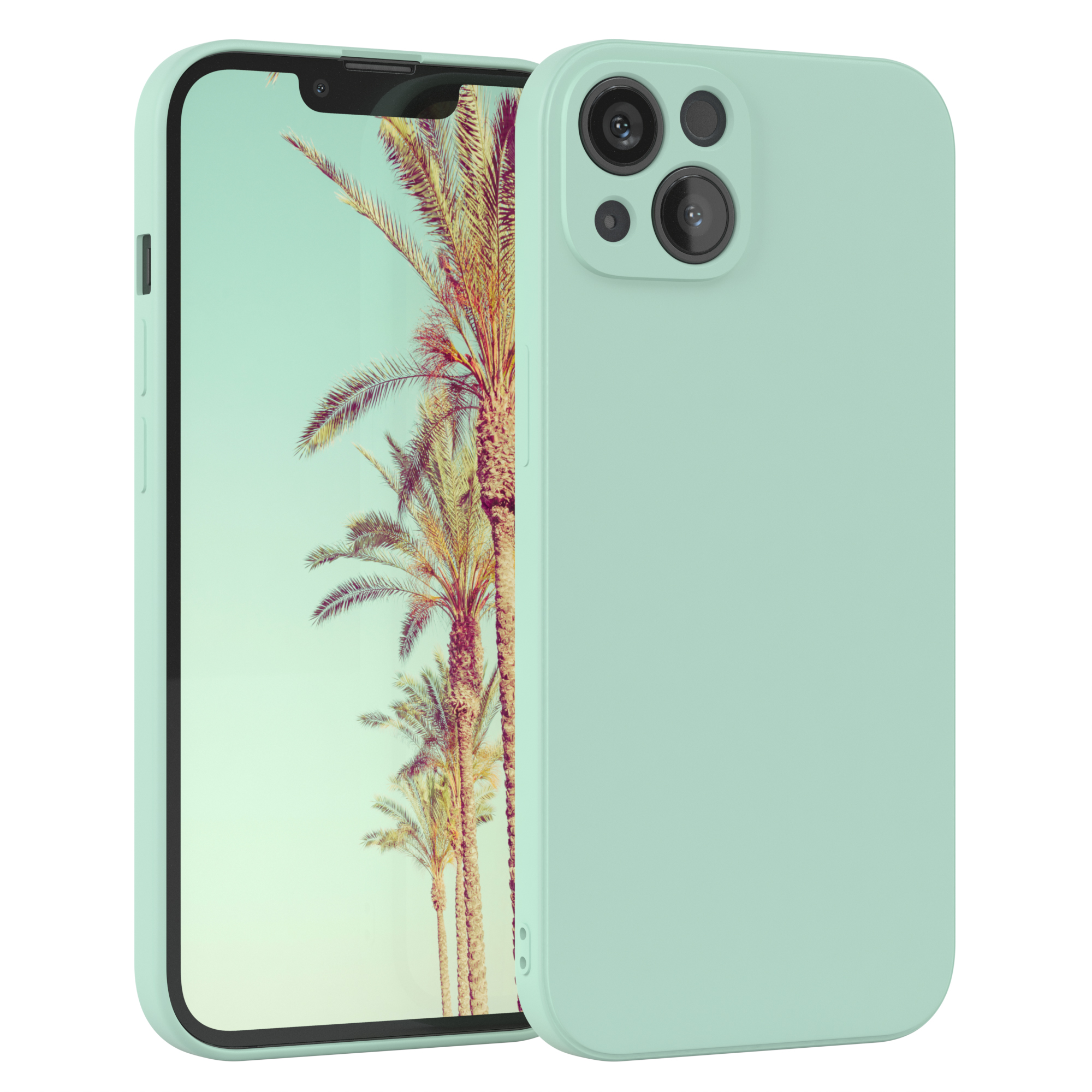 Mintgrünes Telefon mit Hülle und Bildschirm, der Palmen zeigt.