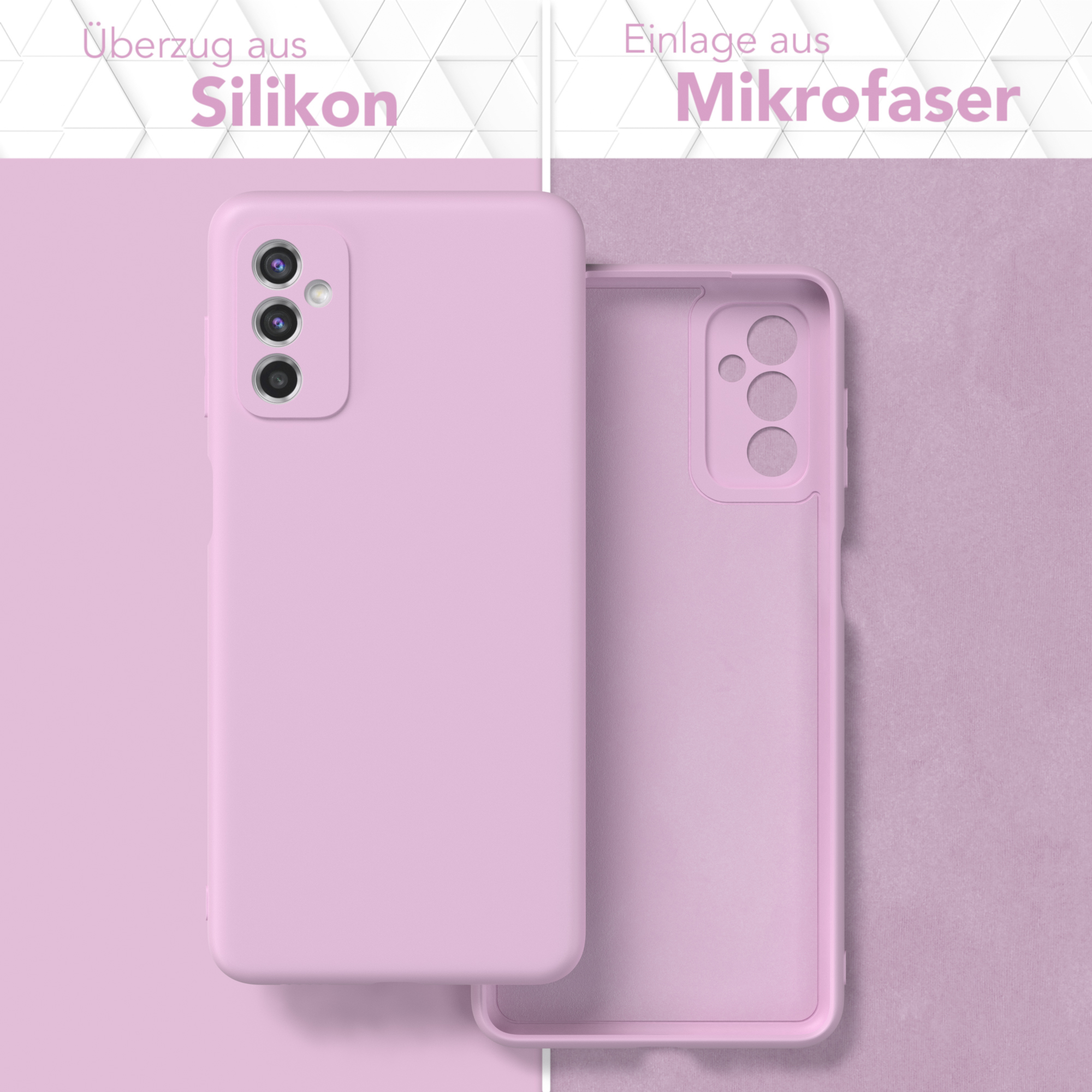Zwei Handyhüllen, rosa. Die linke zeigt die Hülle, die rechte zeigt die Innenseite mit Mikrofaser.
