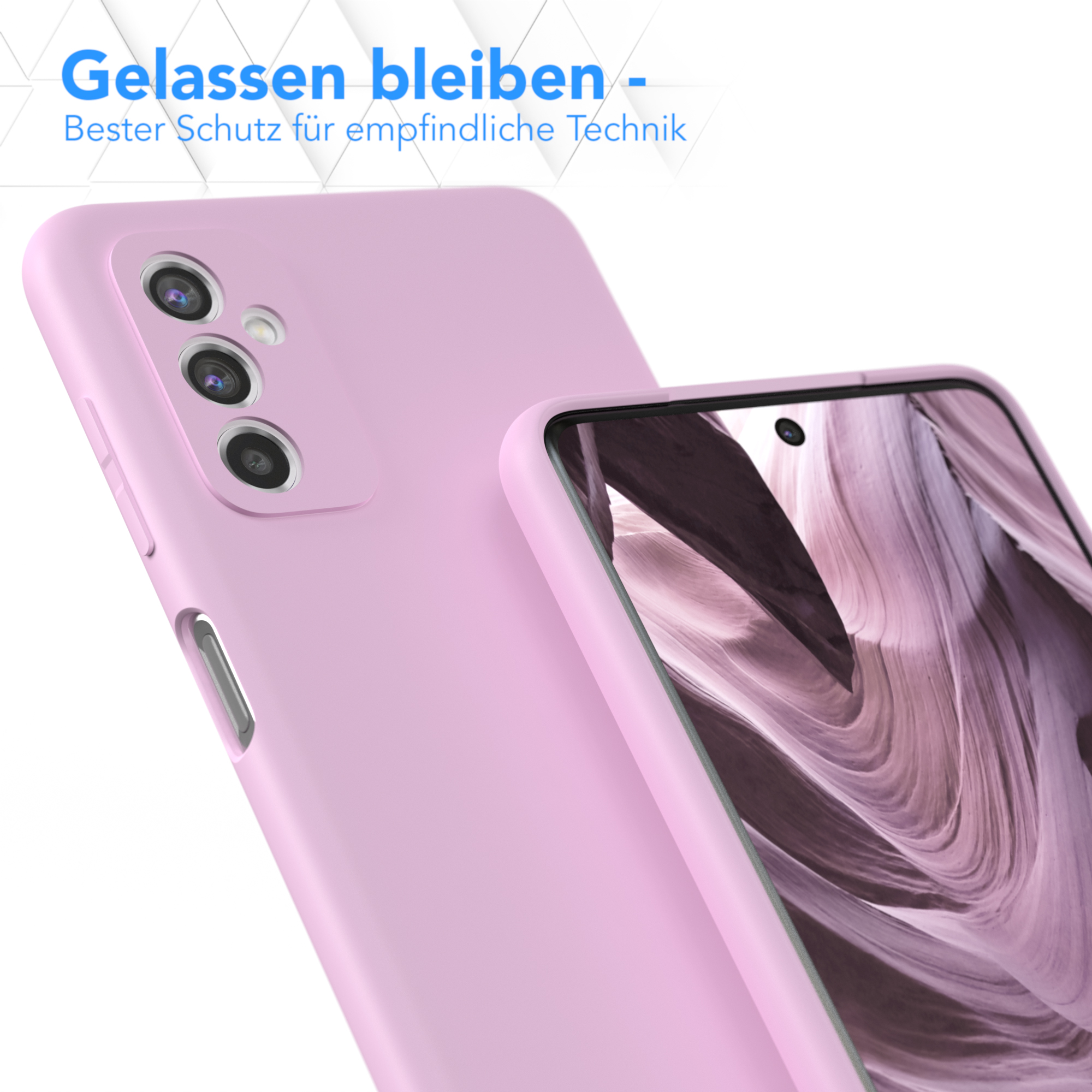 Zwei rosa Handyhüllen, eine auf der Rückseite eines Telefons, die andere davor.