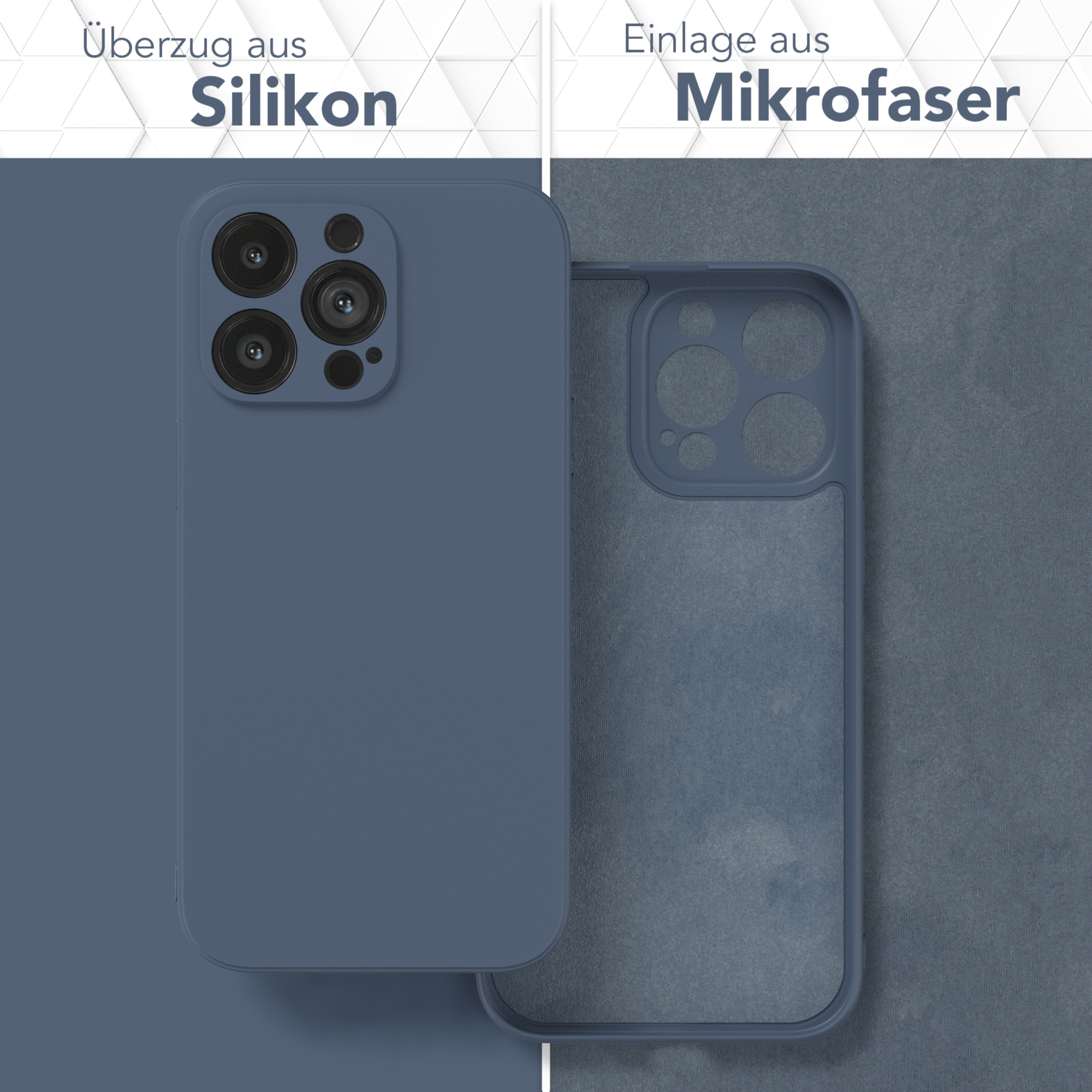 Zwei Handyhüllen. Eine ist blau, eine ist offen und zeigt eine Mikrofaser-Schicht.