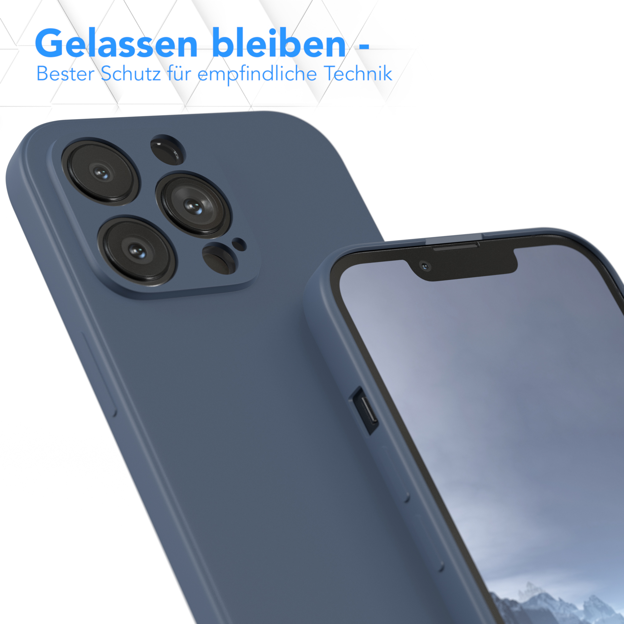 Blaue Handyhülle mit Telefon, Text: Gelassen bleiben- Bester Schutz für empfindliche Technik.